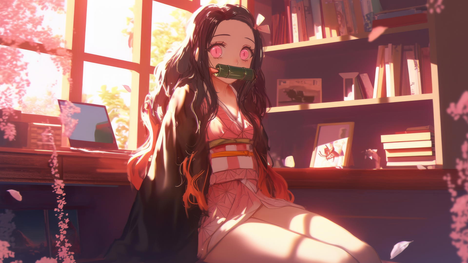demon slayer wallpaper: Nezuko sitting in sunny apartment with warm light