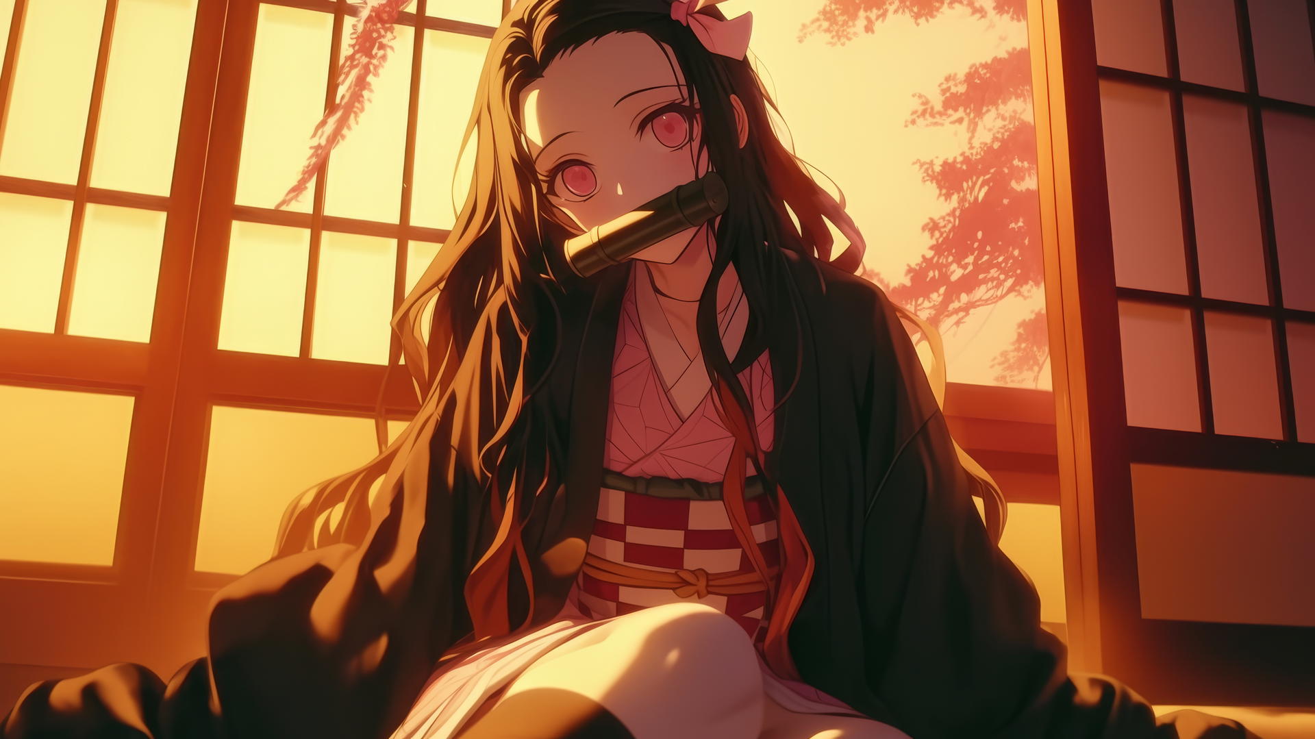nezuko from Demon Slayer sitting in a sunny apartment with warm light