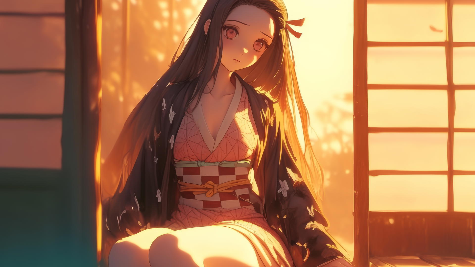 demon slayer wallpaper with Nezuko sitting in a sunny apartment, warm light glow