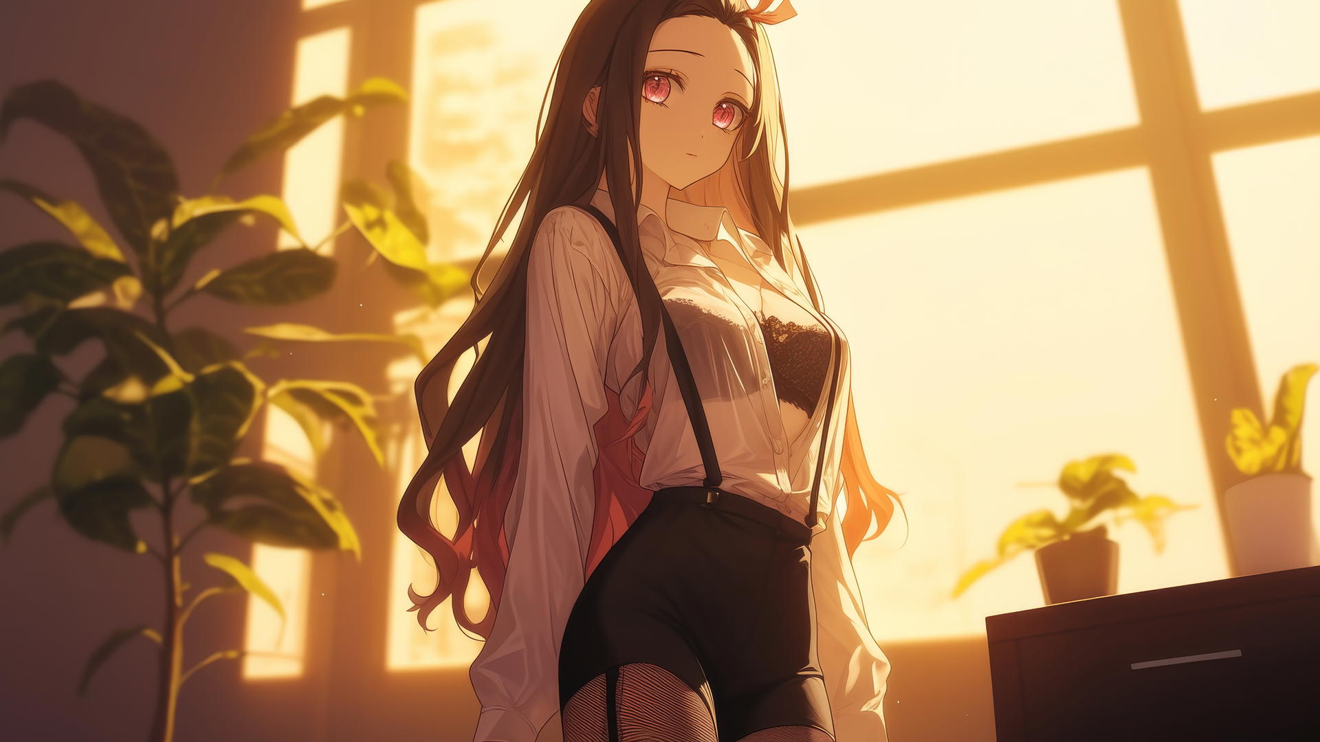 Nezuko from Demon Slayer wearing office shirt, standing at sunrise in modern apartment, demon slayer wallpaper