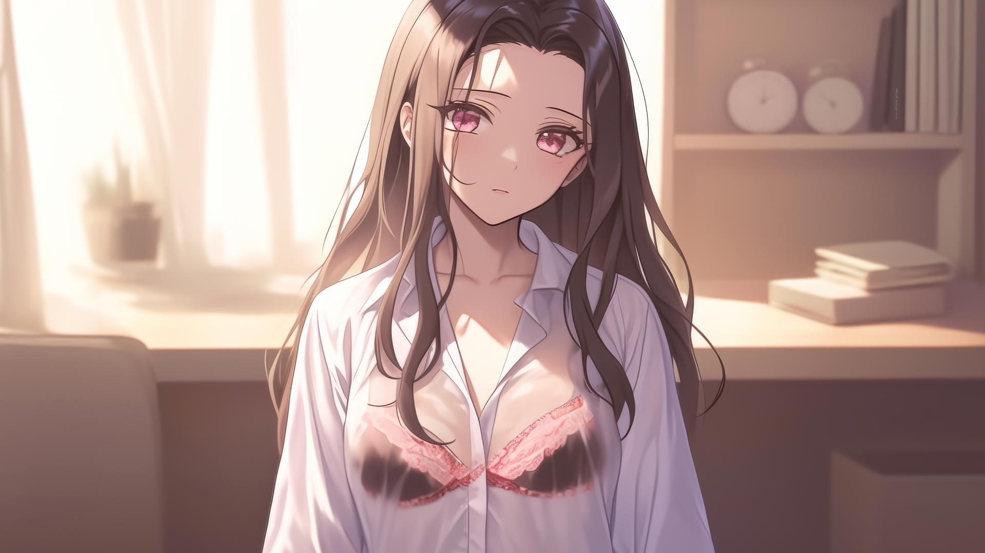 Nezuko from Demon Slayer in office shirt standing at sunrise in modern apartment
