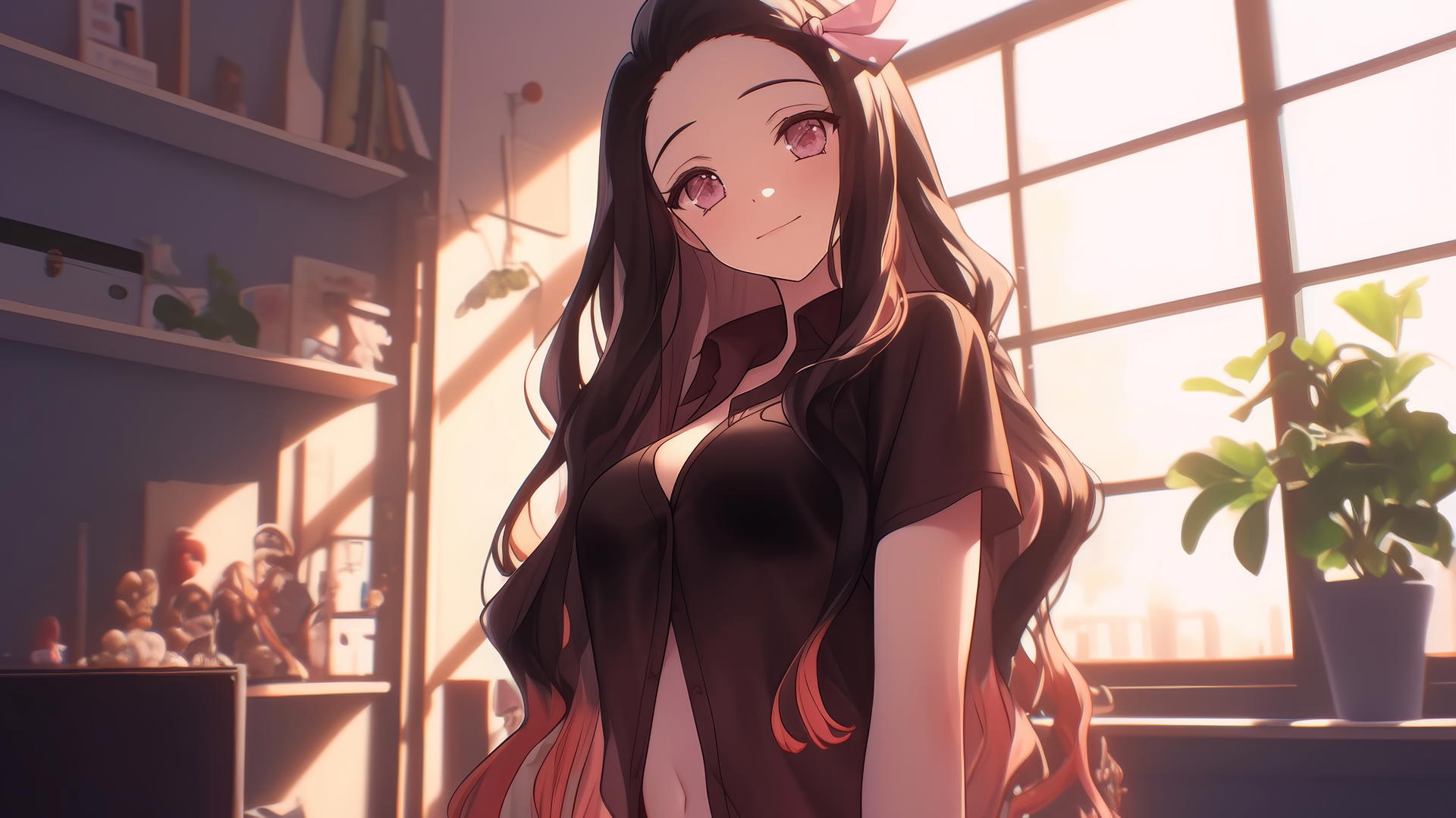 Nezuko from Demon Slayer in office shirt at sunrise apartment, demon slayer wallpaper