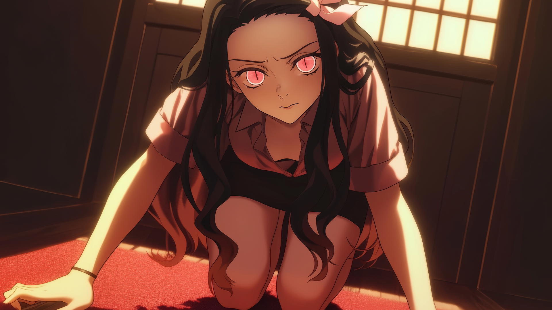 demon slayer wallpaper featuring Nezuko kneeling in a modern hotel room, warm light glow