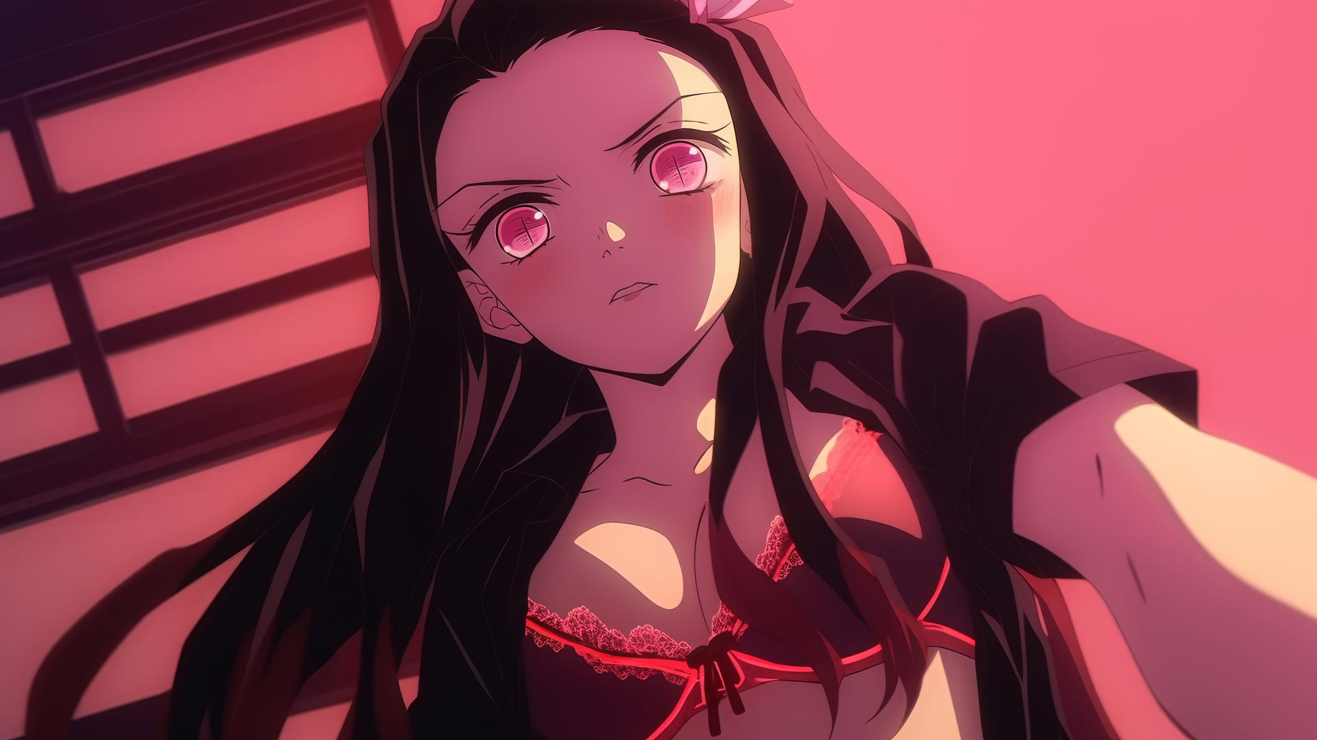 Nezuko from Demon Slayer in modern office shirt, warm glow, hotel room