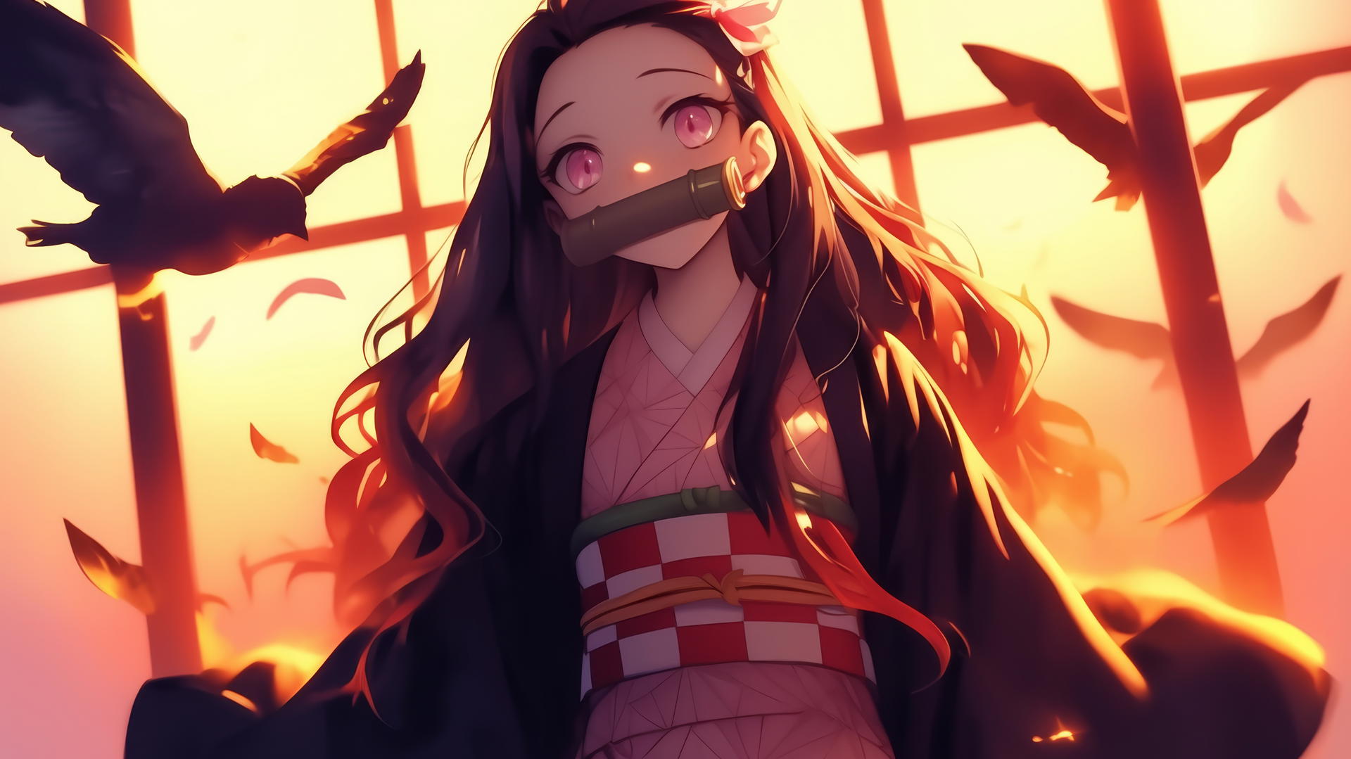 demon slayer wallpaper featuring Nezuko kneeling in a modern hotel room