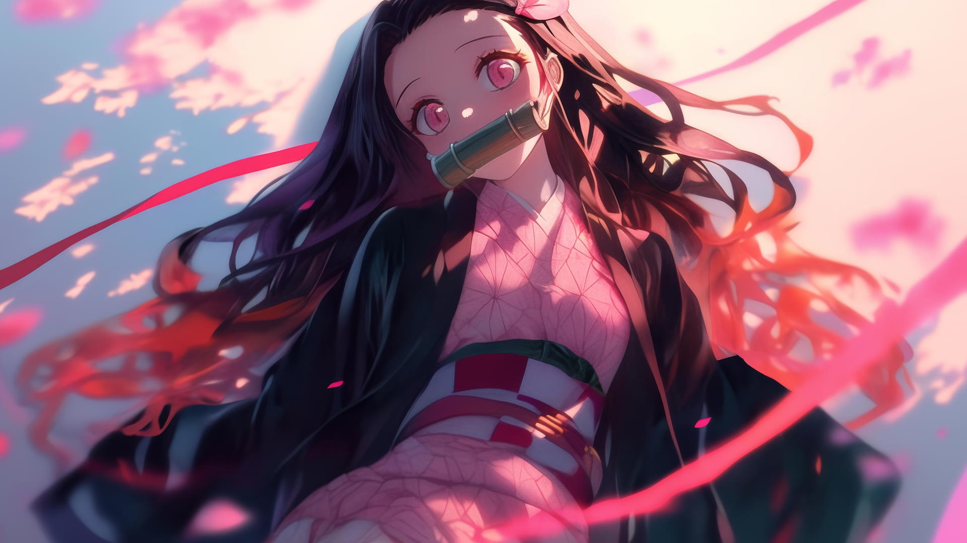 Nezuko from Demon Slayer in modern hotel room, warm light, soft pink eyes, demon slayer wallpaper