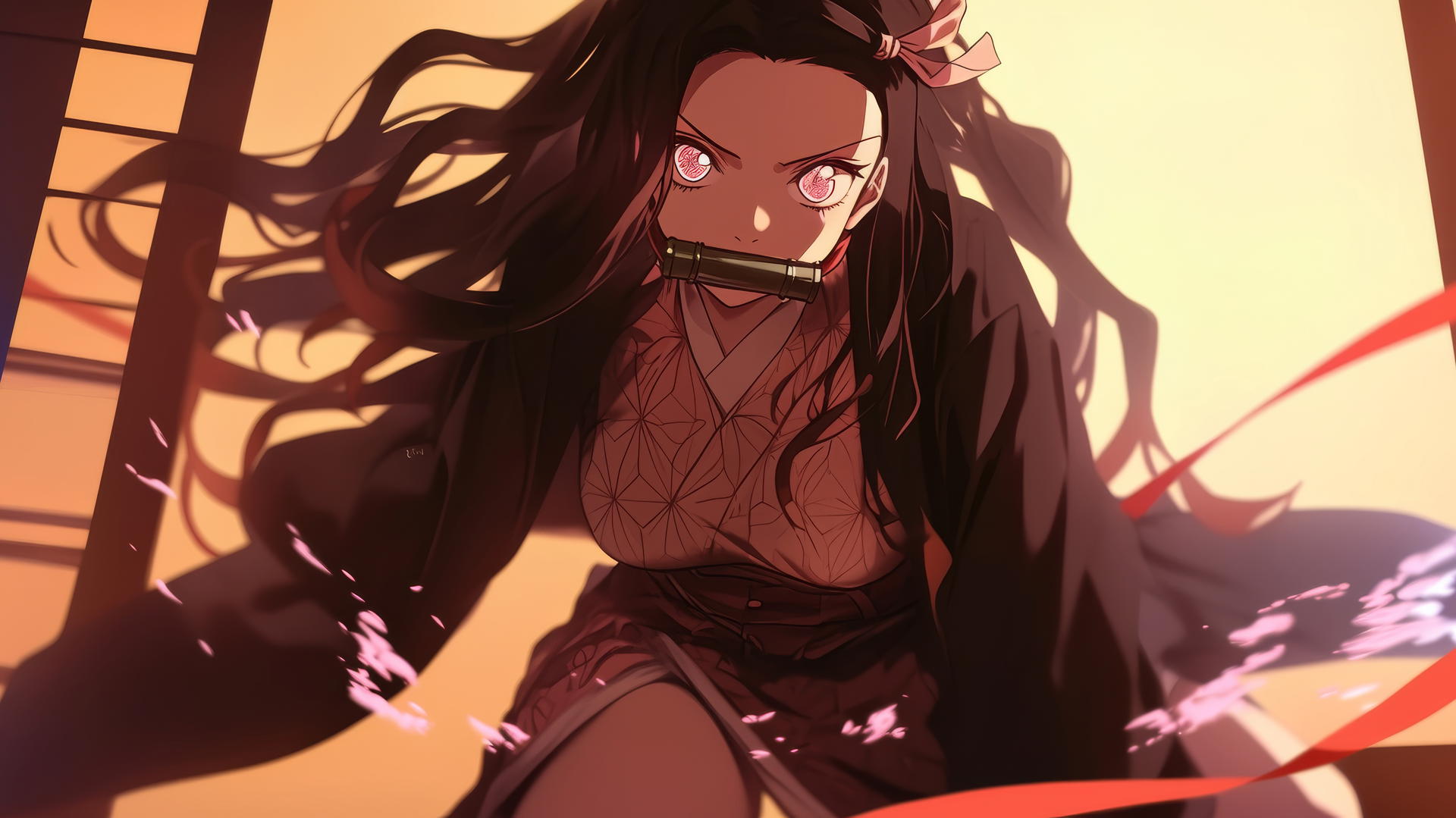 demon slayer wallpaper featuring Nezuko kneeling in a modern hotel room