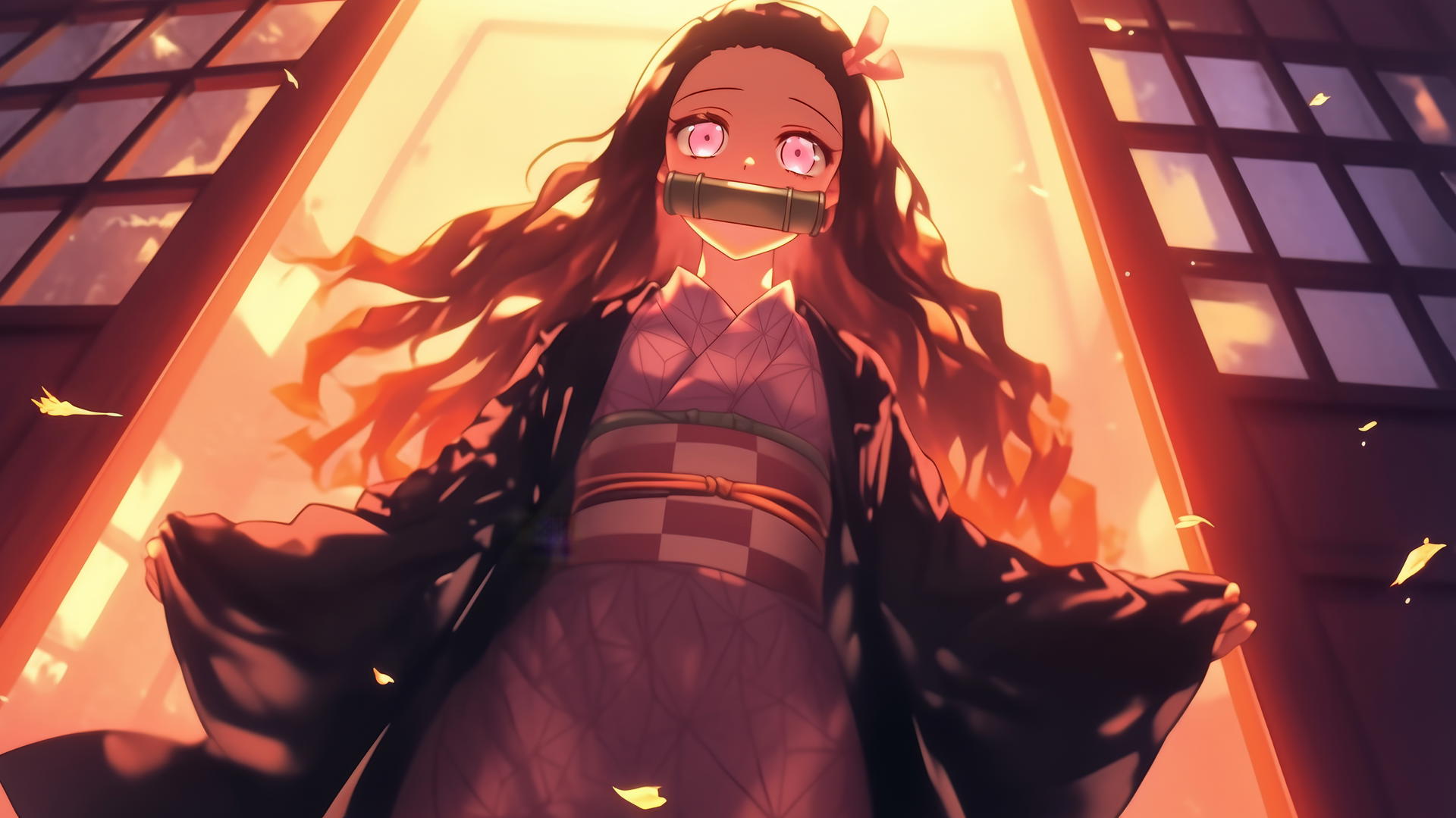 demon slayer wallpaper featuring Nezuko kneeling in a modern hotel room
