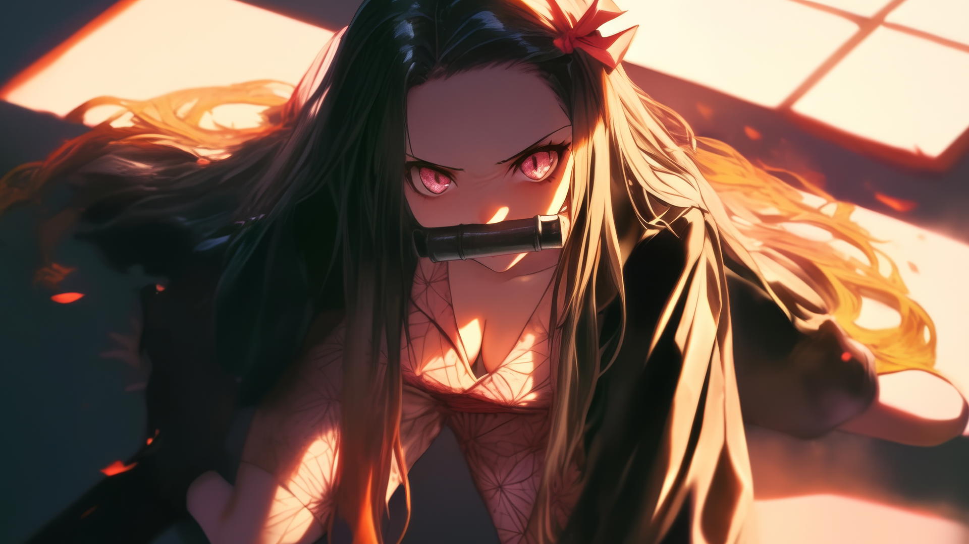 Nezuko from Demon Slayer kneeling in a modern hotel room, warm light, demon slayer wallpaper