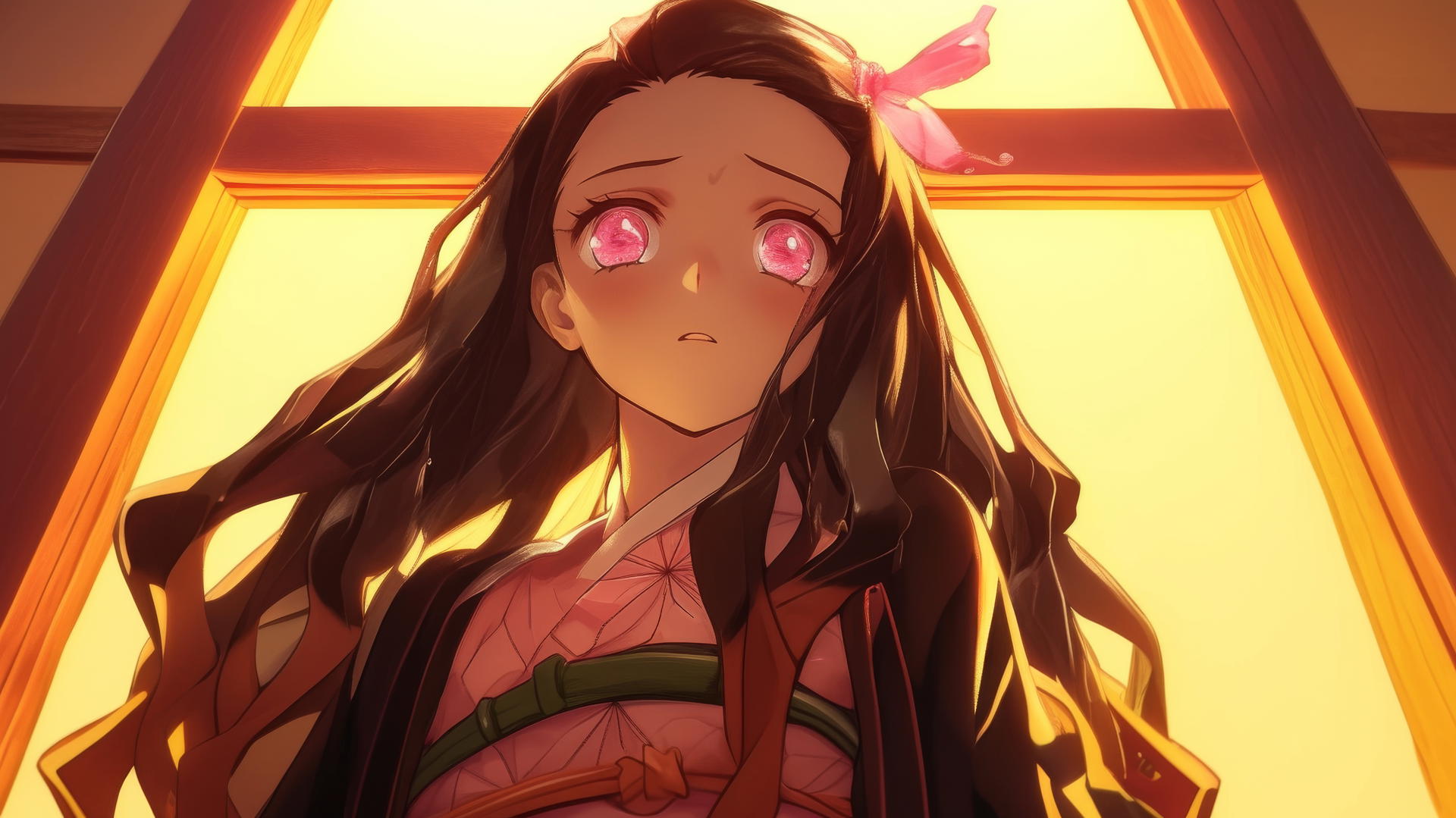 Nezuko from Demon Slayer kneeling in a modern hotel room with warm light