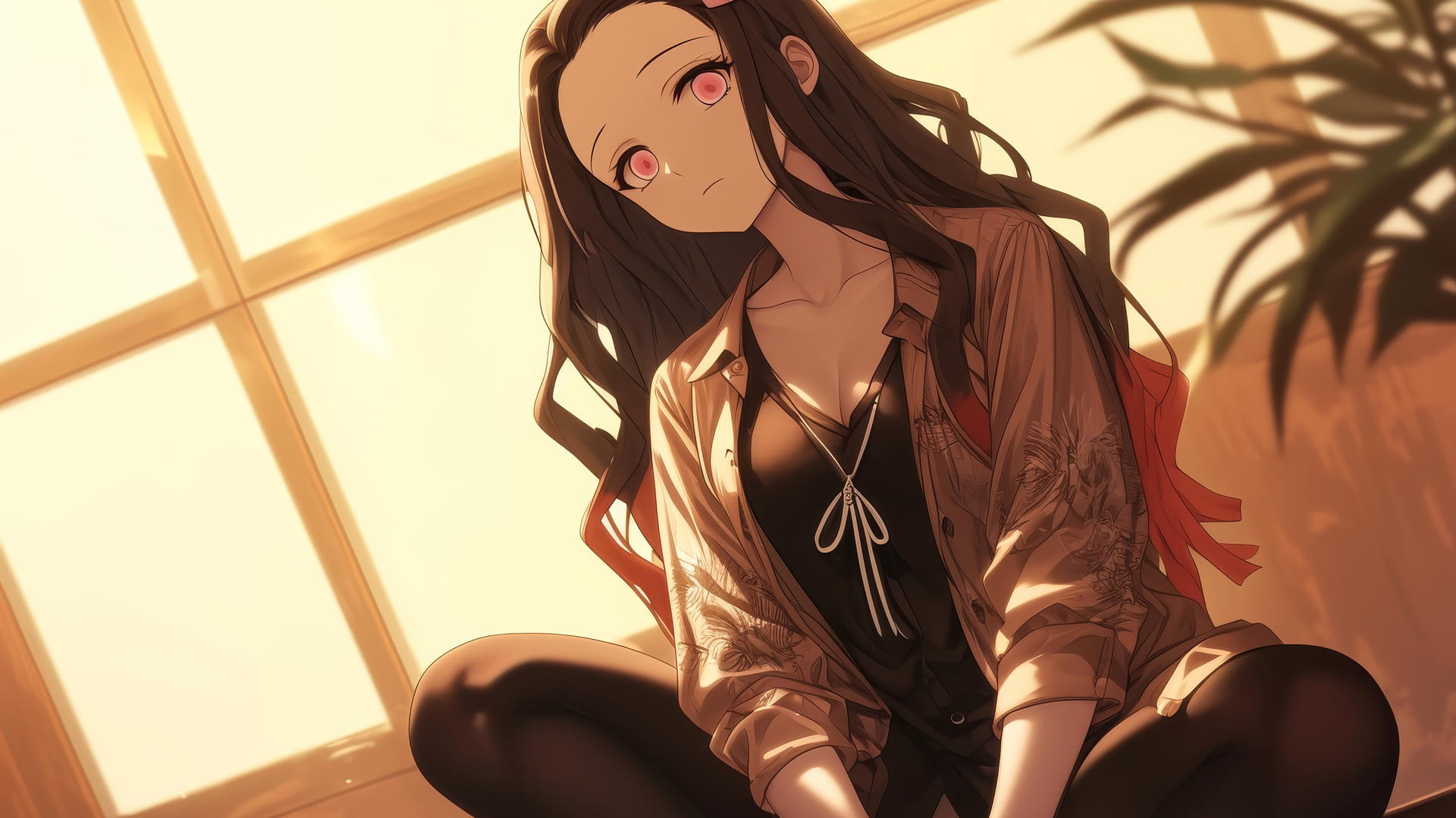 Demon Slayer wallpaper with Nezuko kneeling in office shirt in modern hotel room.