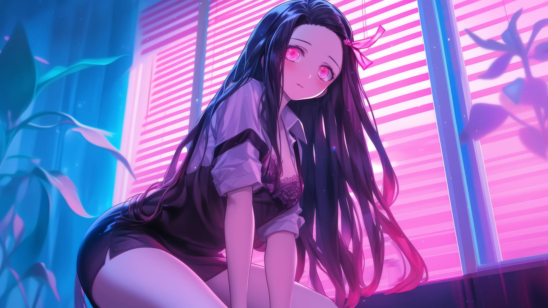 demon slayer wallpaper featuring Nezuko kneeling in an office shirt in a modern hotel room