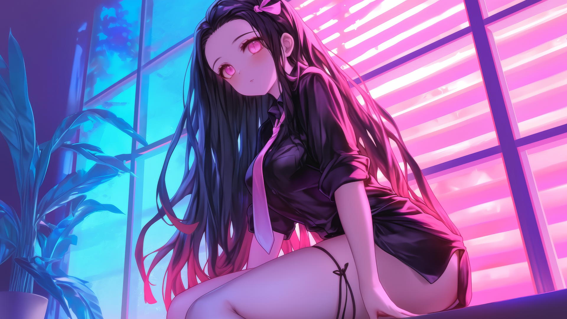 demon slayer wallpaper with Nezuko kneeling in an office shirt, in a warmly lit modern hotel room