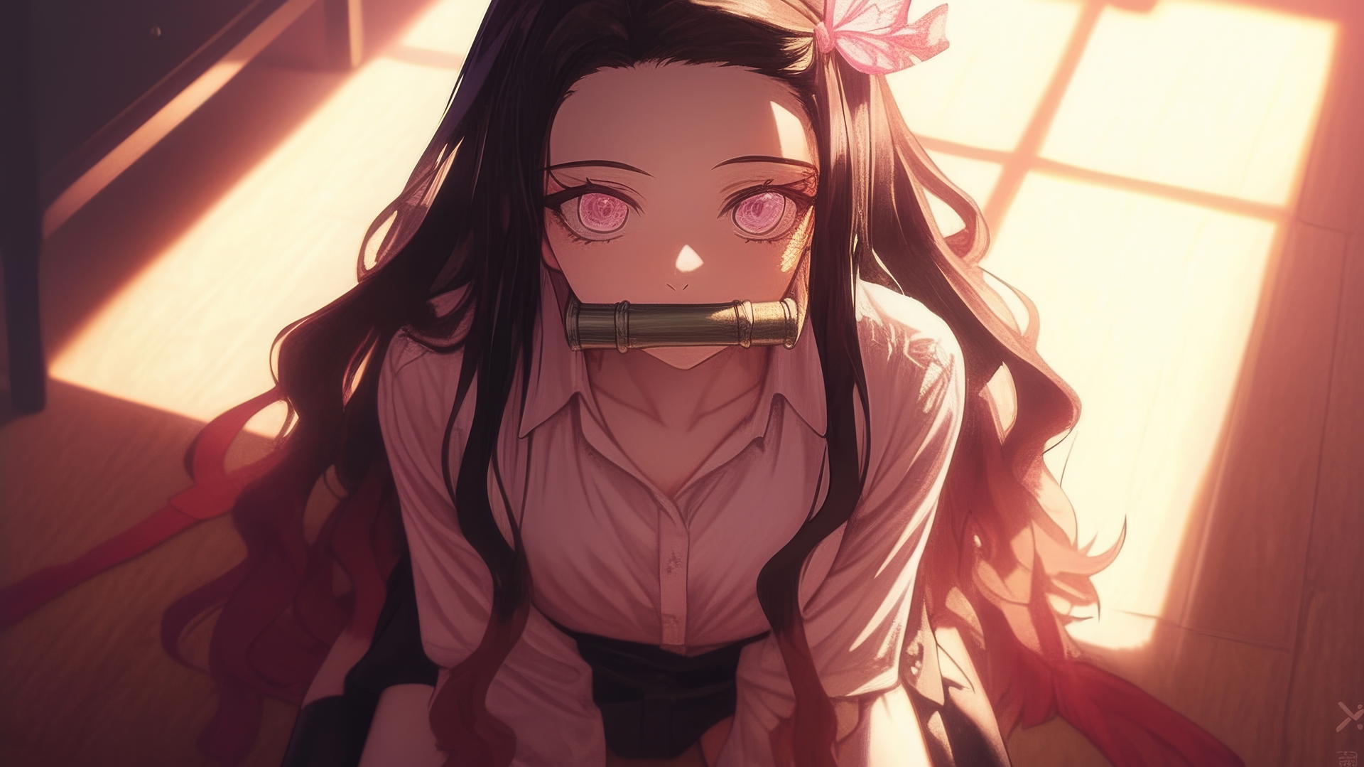 Nezuko from Demon Slayer in modern hotel room with warm soft glow, demon slayer wallpaper