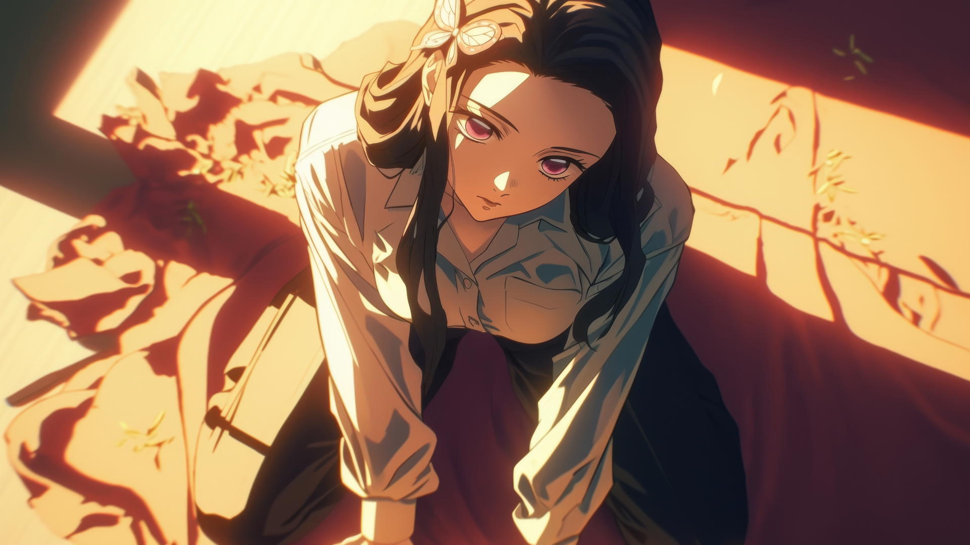 demon slayer wallpaper of Nezuko kneeling in an office shirt in a modern hotel room