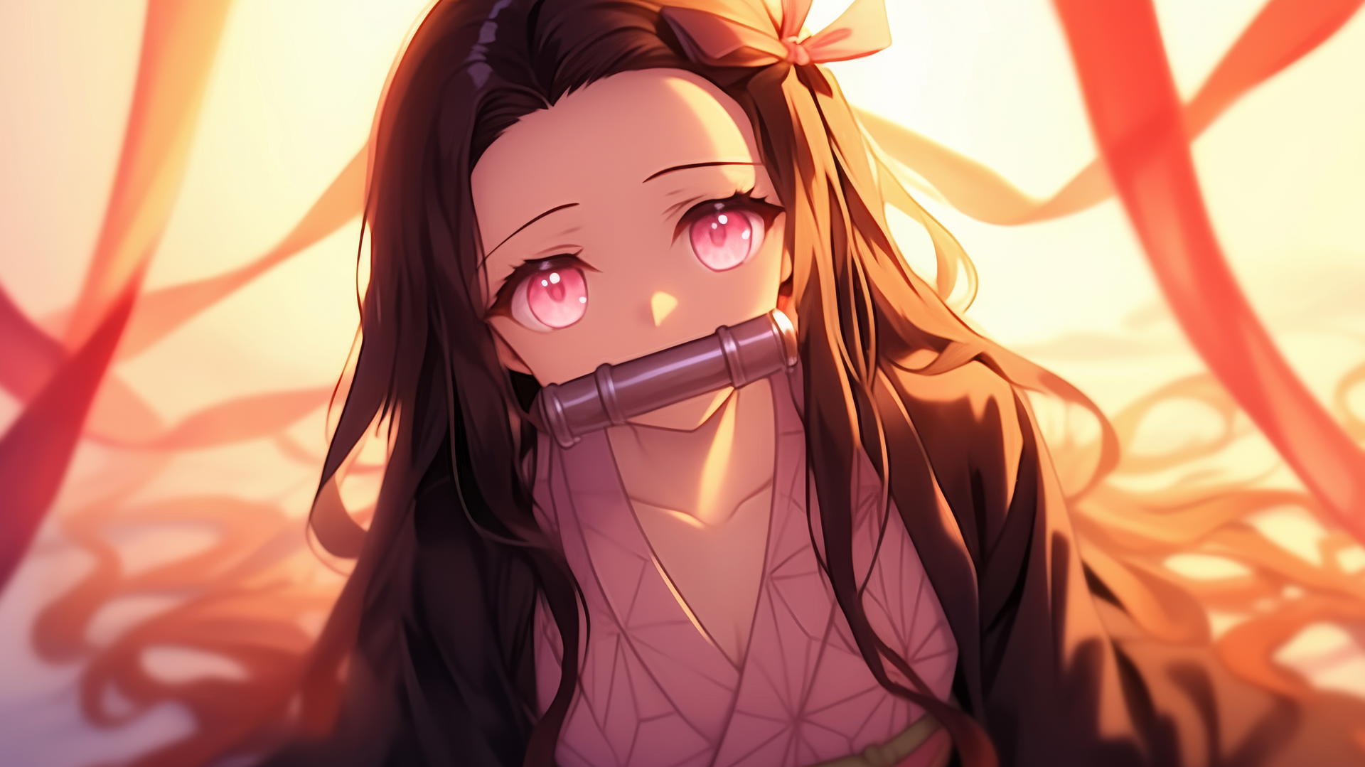 nezuko from Demon Slayer in office shirt kneeling in modern hotel room