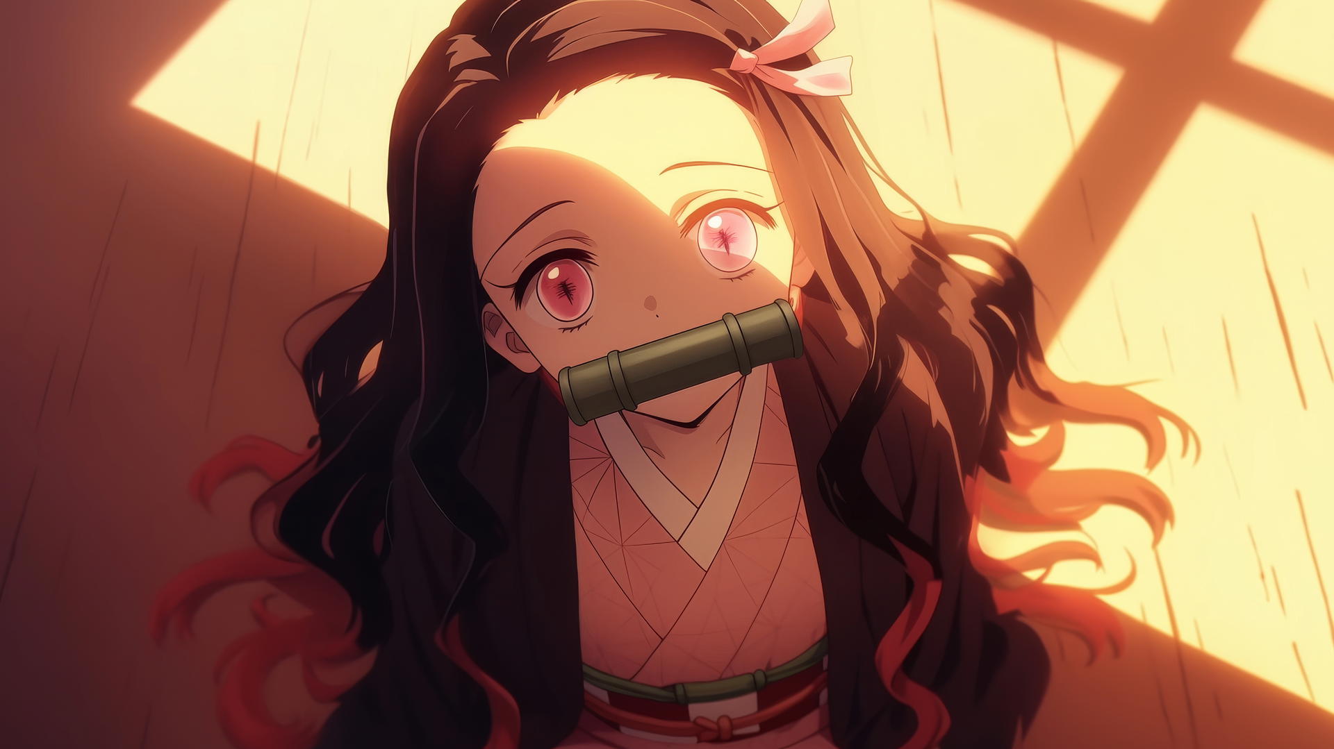 demon slayer wallpaper with Nezuko kneeling in an office shirt in a modern hotel room