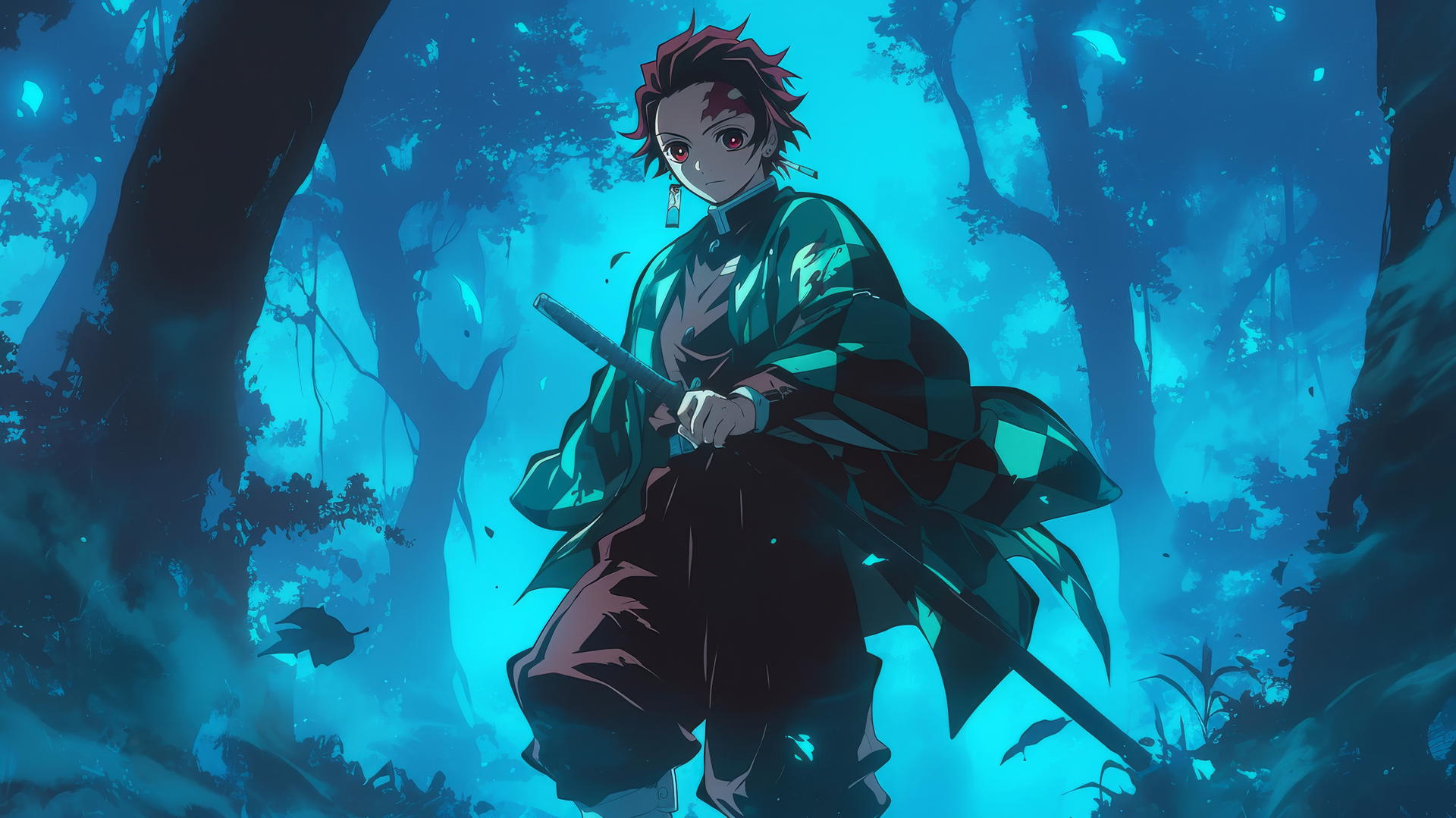 demon slayer tanjiro wallpaper 4k with a glowing sword in a misty forest