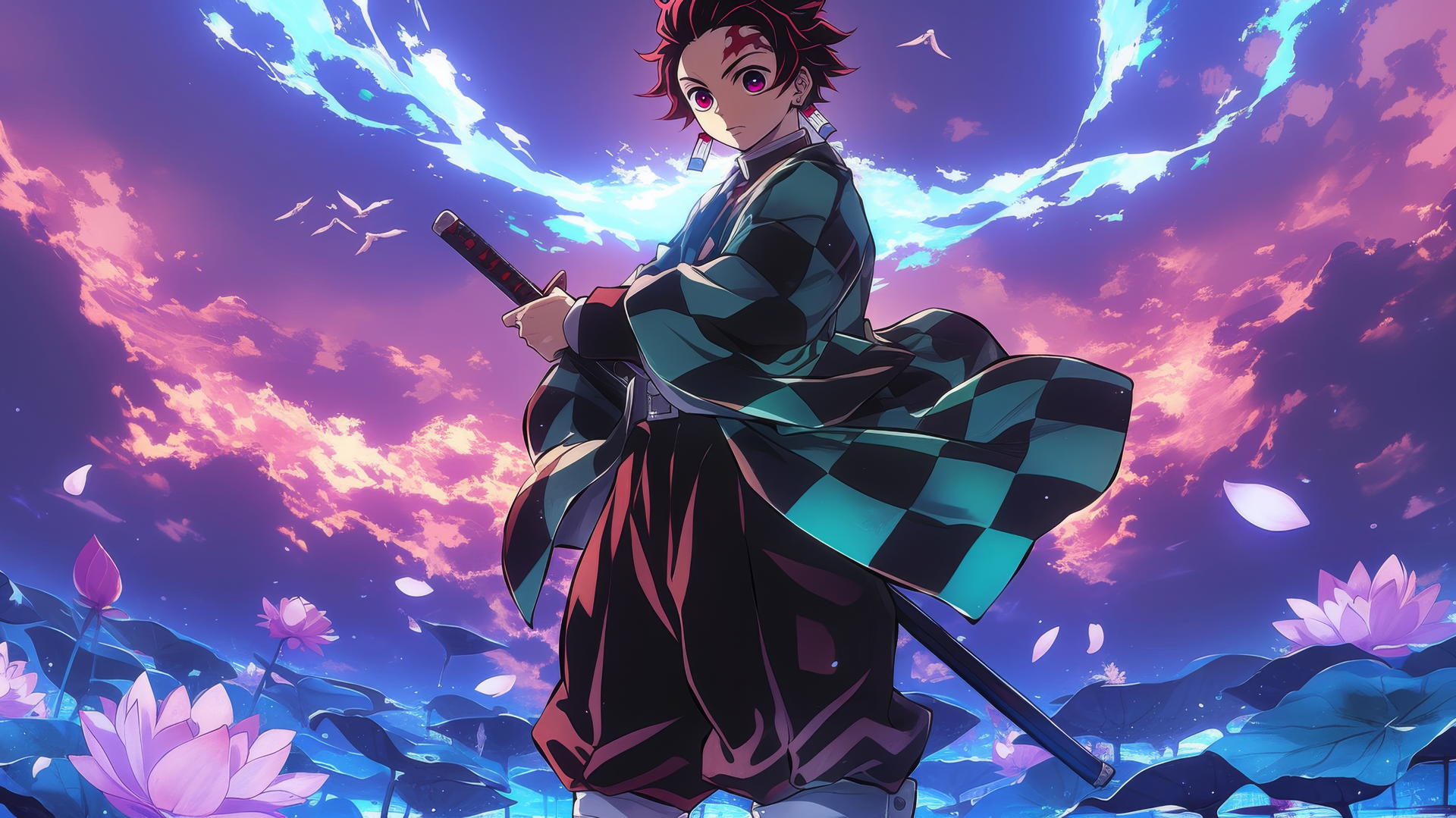 demon slayer tanjiro wallpaper 4k with surreal dreamscape, floating island, waterfalls, glowing lotus flowers, mystical energy sword