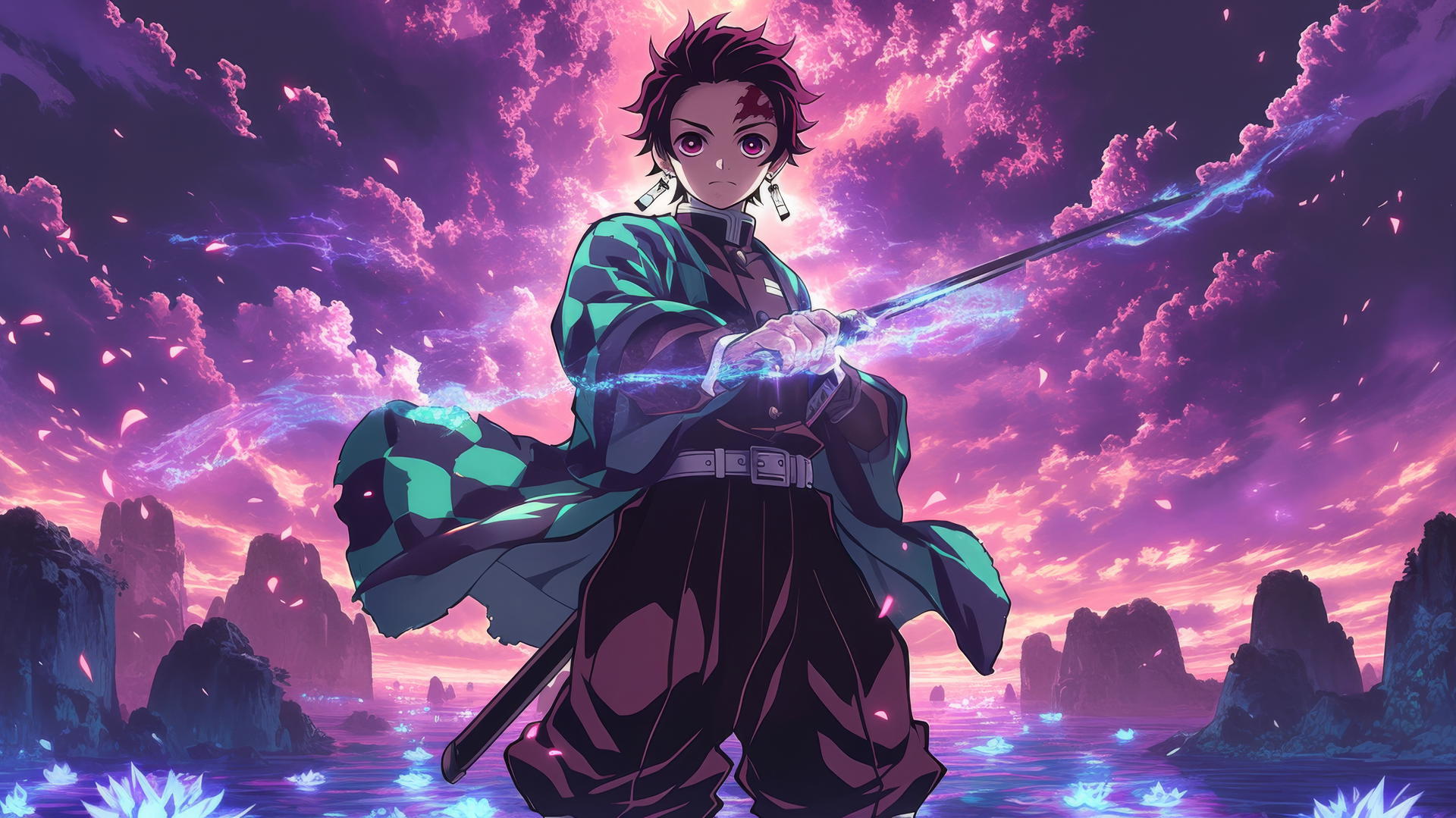 demon slayer tanjiro wallpaper 4k in a surreal dreamscape with glowing lotus flowers