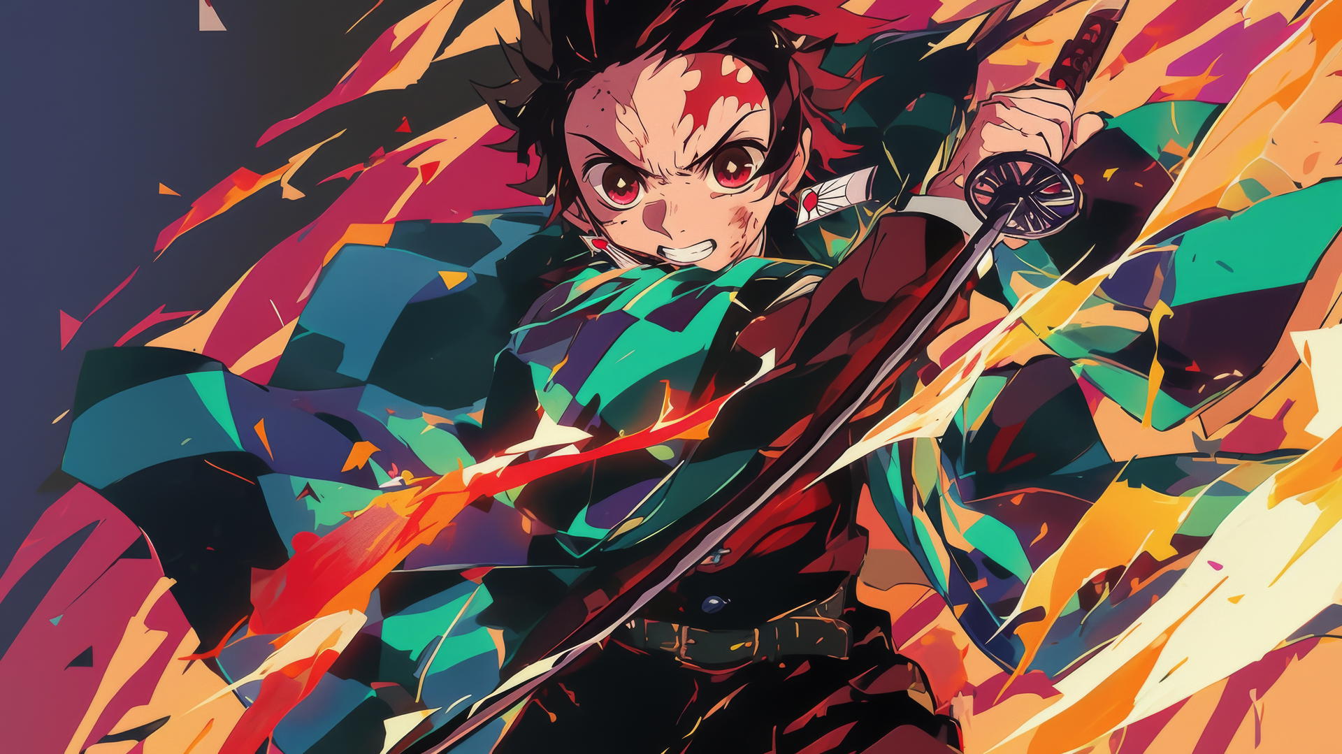 demon slayer tanjiro wallpaper 4k with cubist abstract design