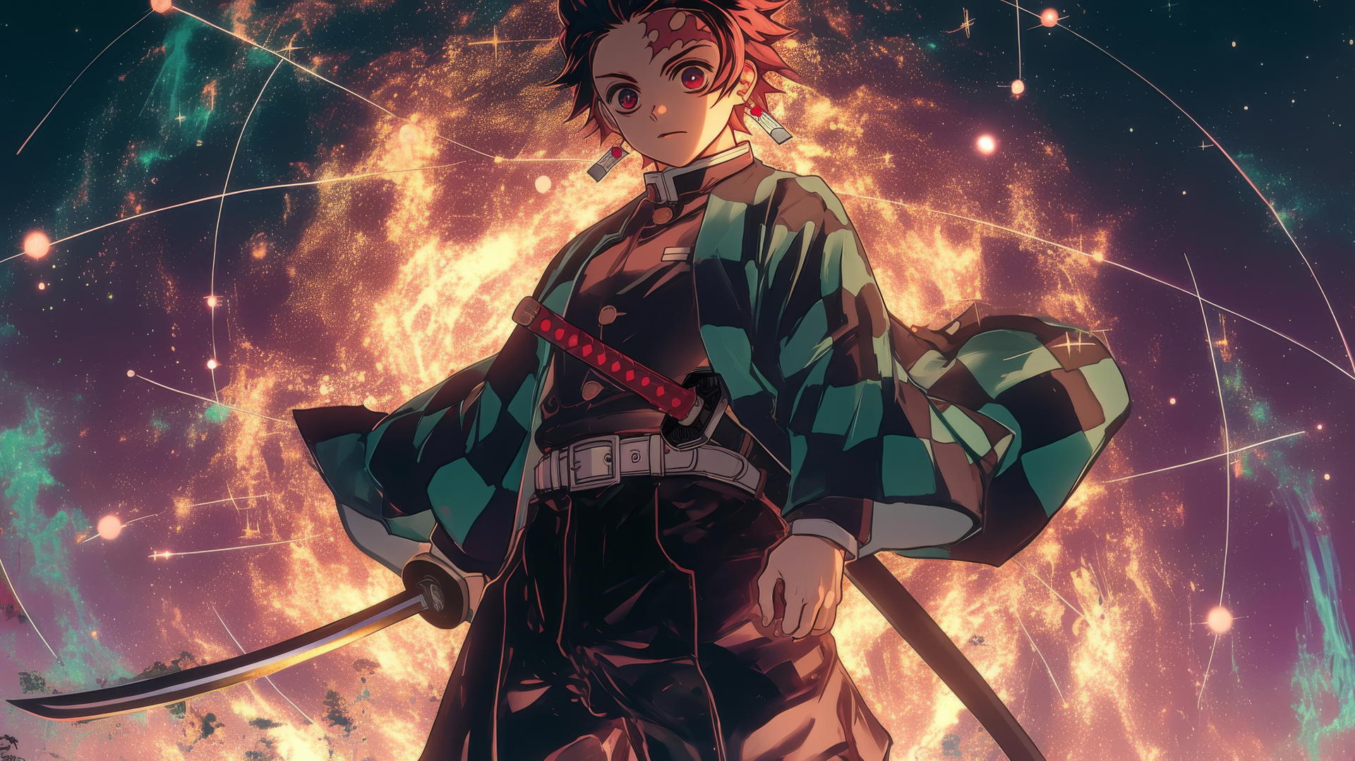 demon slayer tanjiro wallpaper 4k with Tanjiro standing at the center of a celestial map, surrounded by star charts and constellations