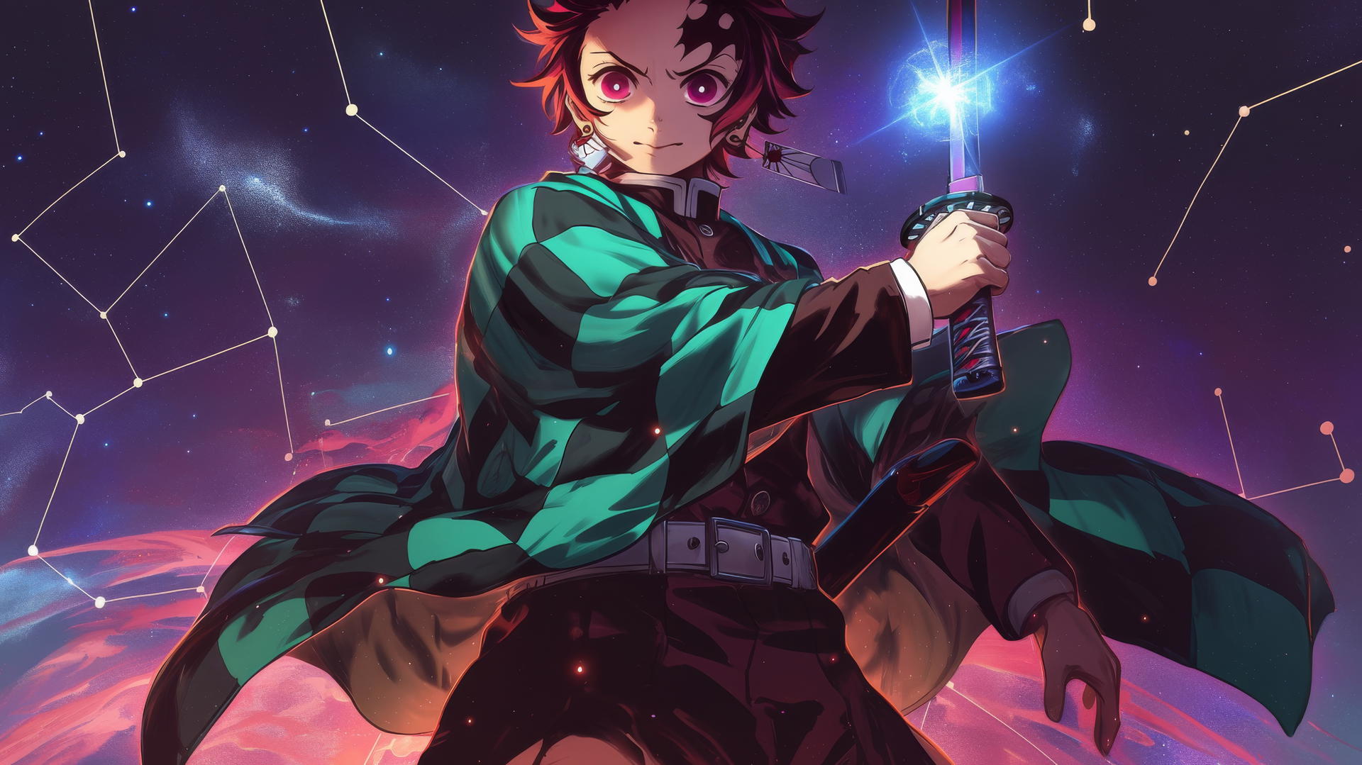 demon slayer tanjiro wallpaper 4k with cosmic sword and celestial map