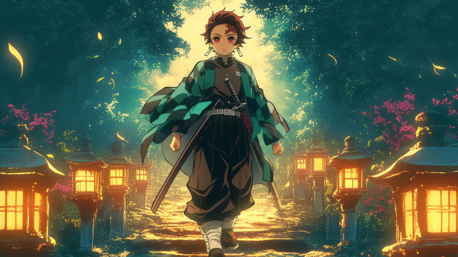Demon Slayer Tanjiro walking on stone path with lanterns in forest at dusk, 4K wallpaper