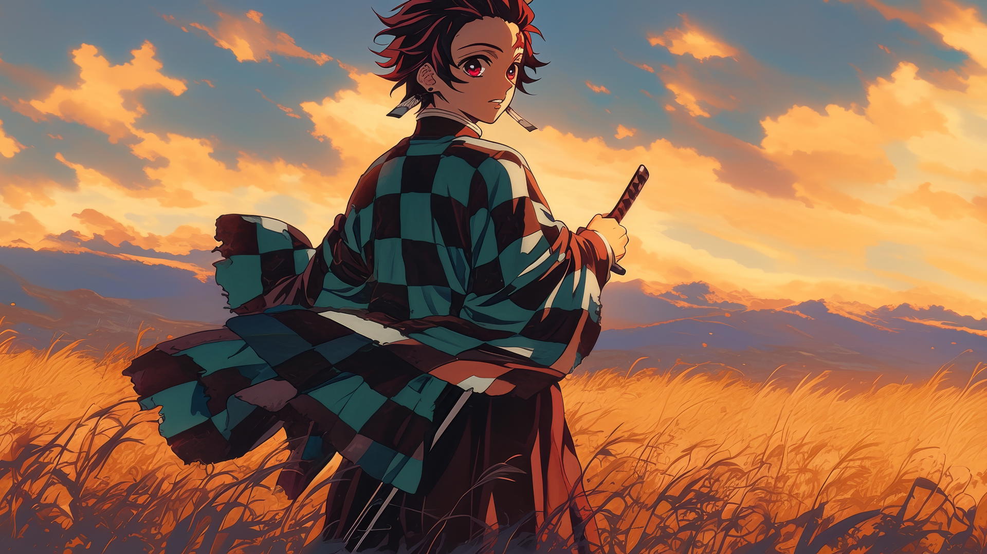 demon slayer tanjiro wallpaper 4k: Tanjiro walking through tall, golden grasses at sunset