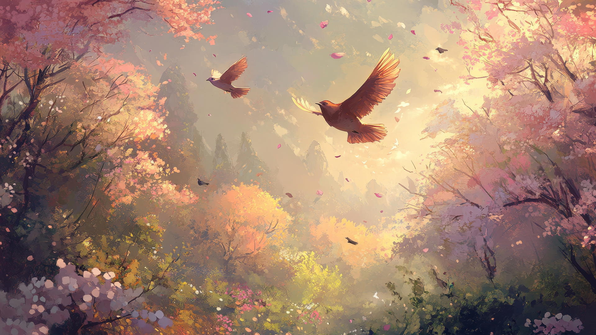 Spring wallpaper of birds flying over a blooming landscape with trees in the background