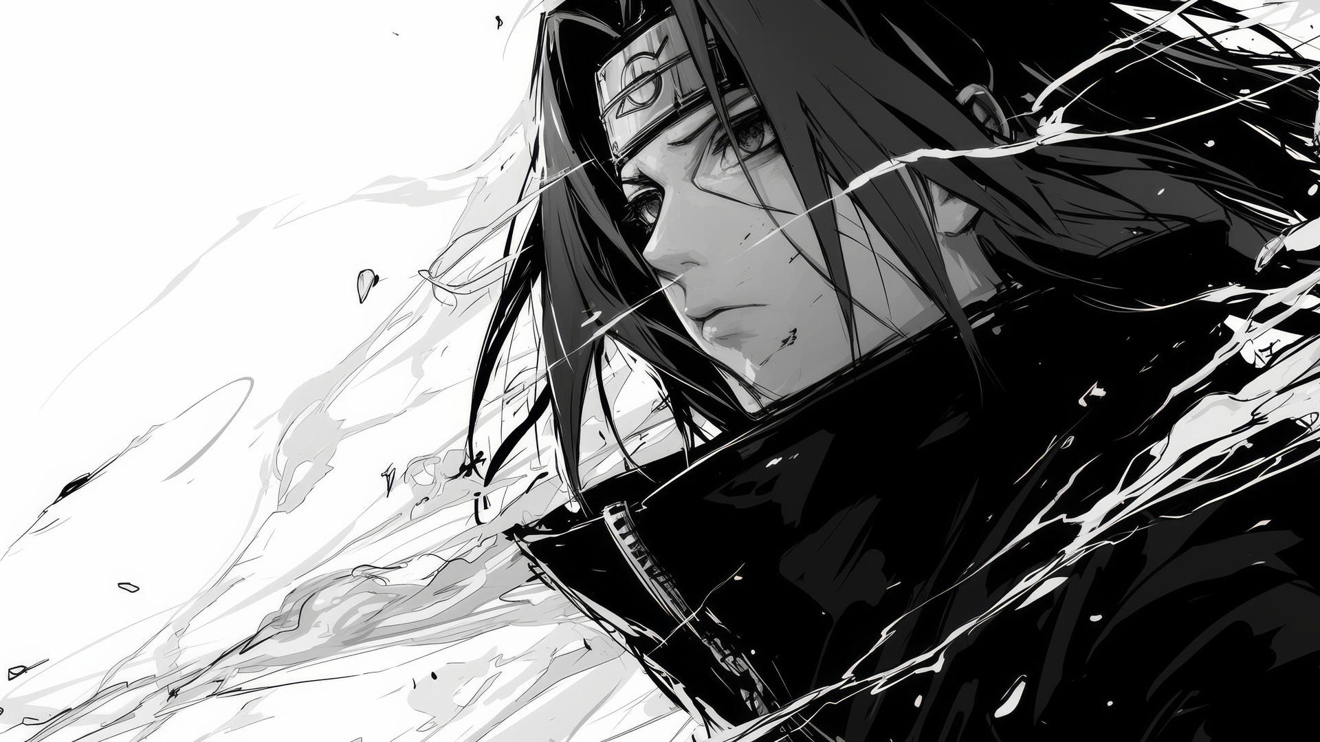 itachi uchiha drawing in manga style with bold lines and dramatic shading