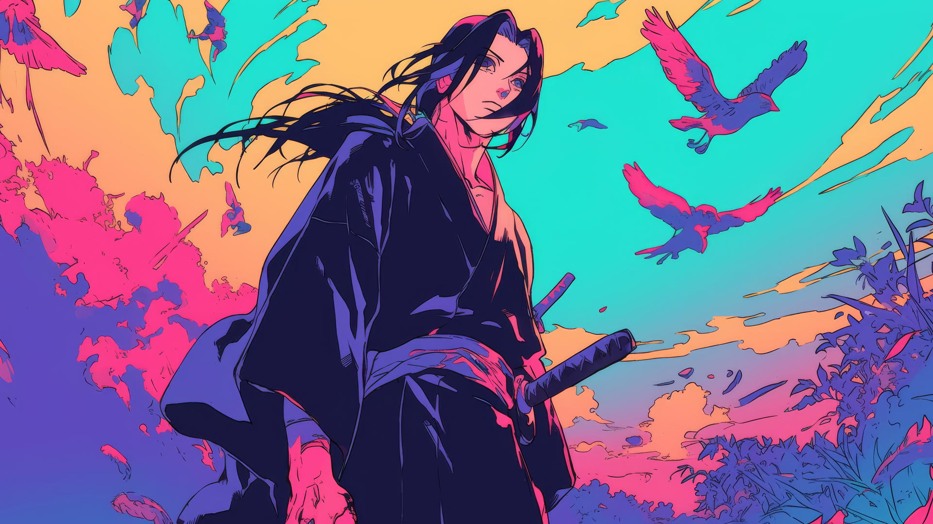 retro anime-inspired Itachi Uchiha drawing with bright colors and thick outlines