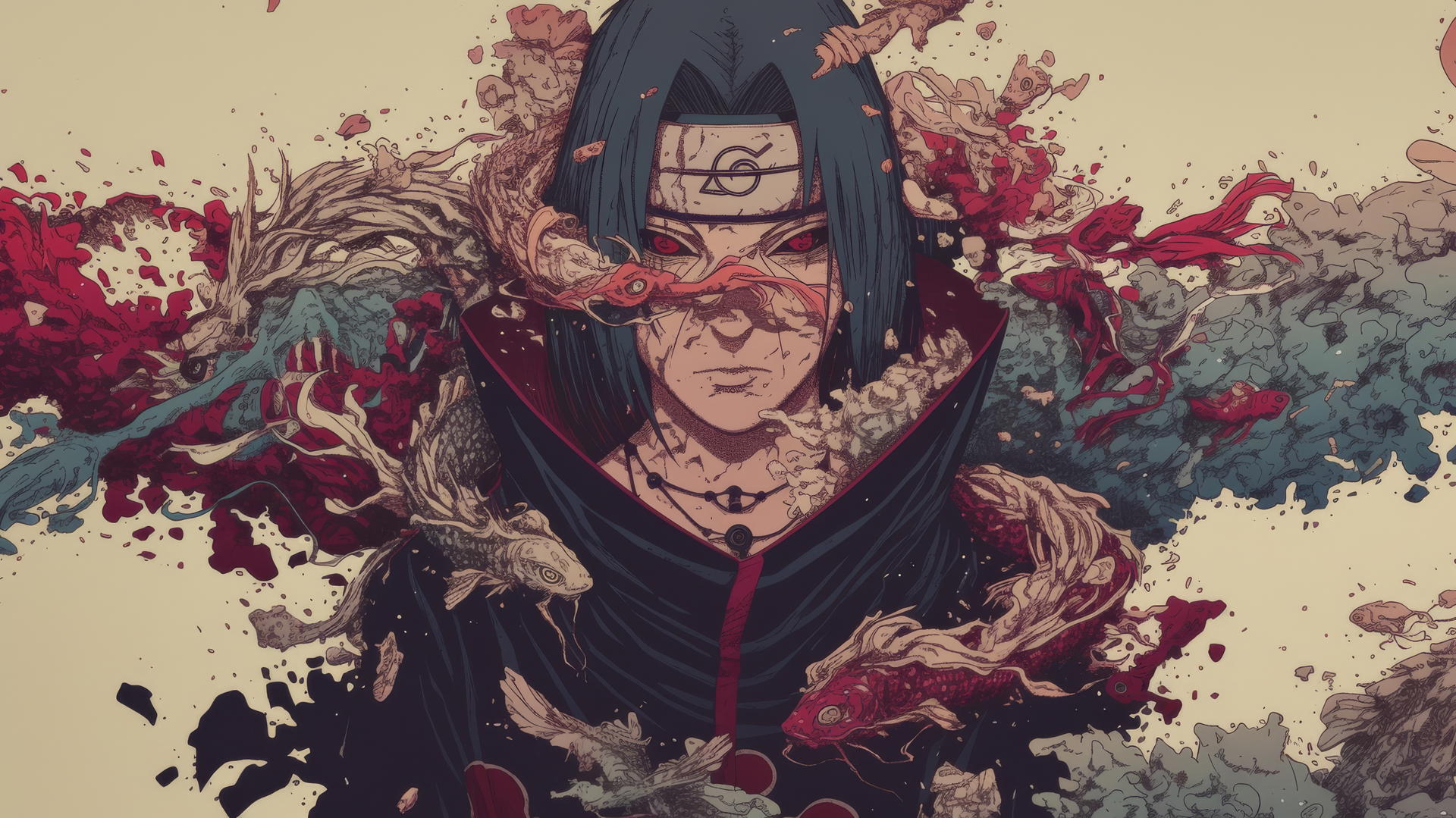 pointillism itachi uchiha drawing composed of tiny dots showing face and cloak