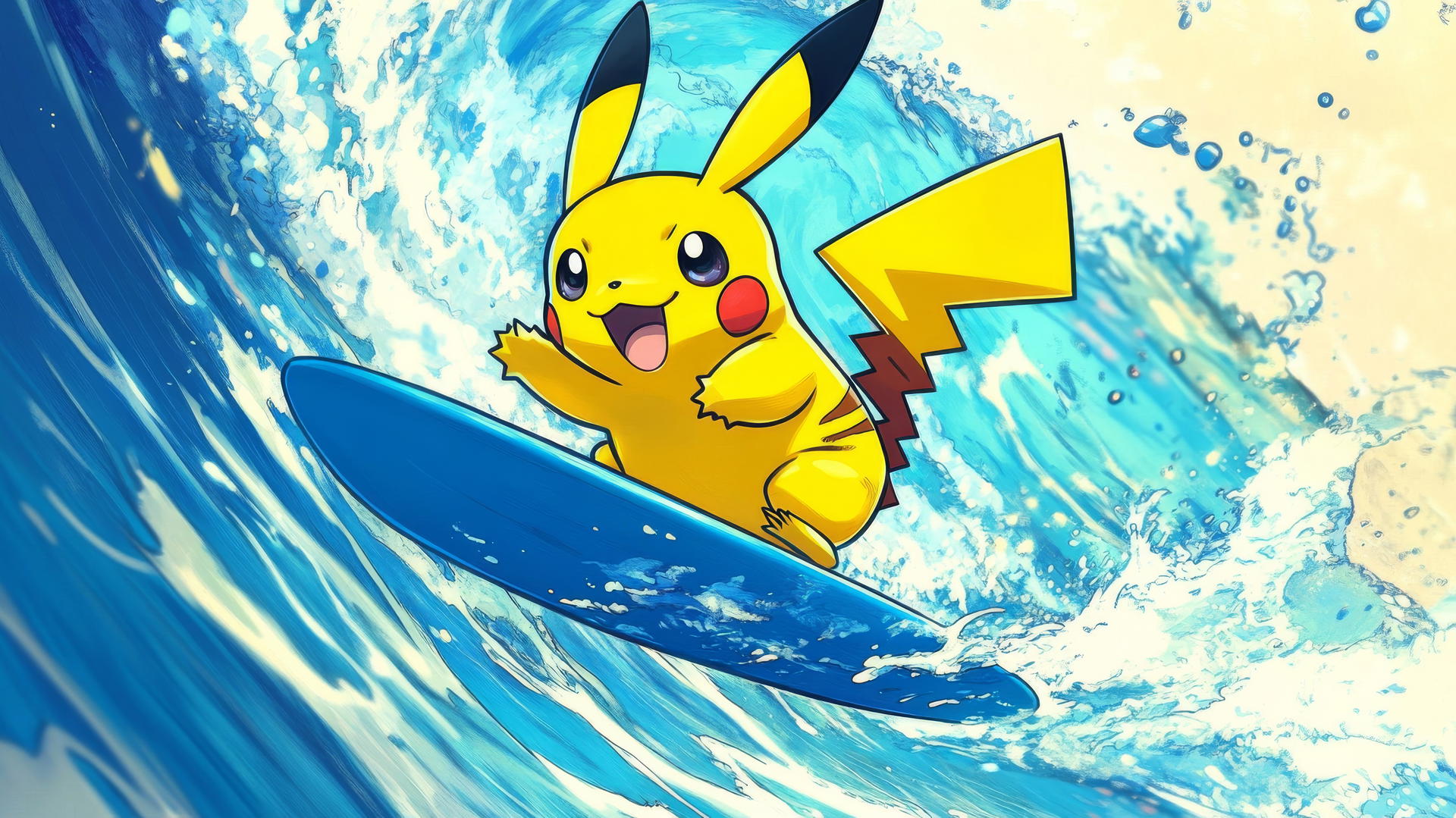 Surfing Pikachu in a comic strip with bold colors and text bubbles