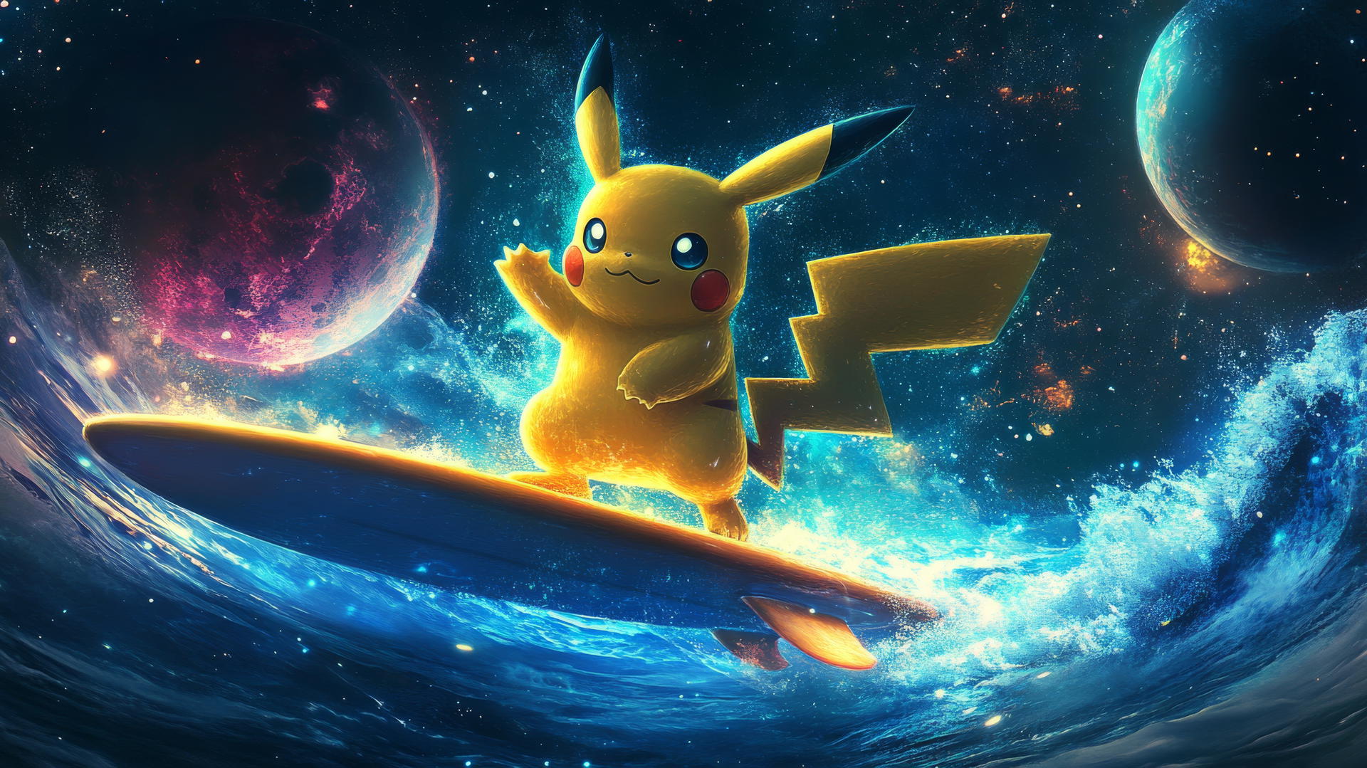 Surfing Pikachu on a glowing surfboard riding cosmic waves