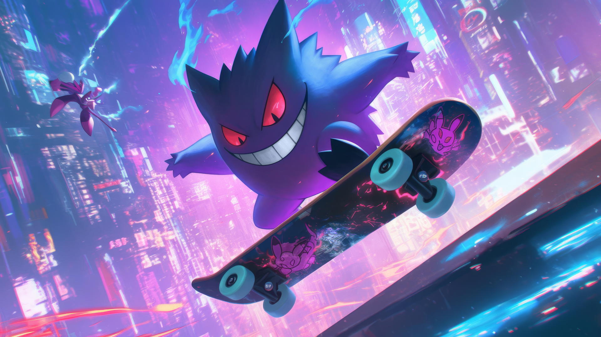Gengar Pokemon on a futuristic flying skateboard in a vibrant sci-fi city