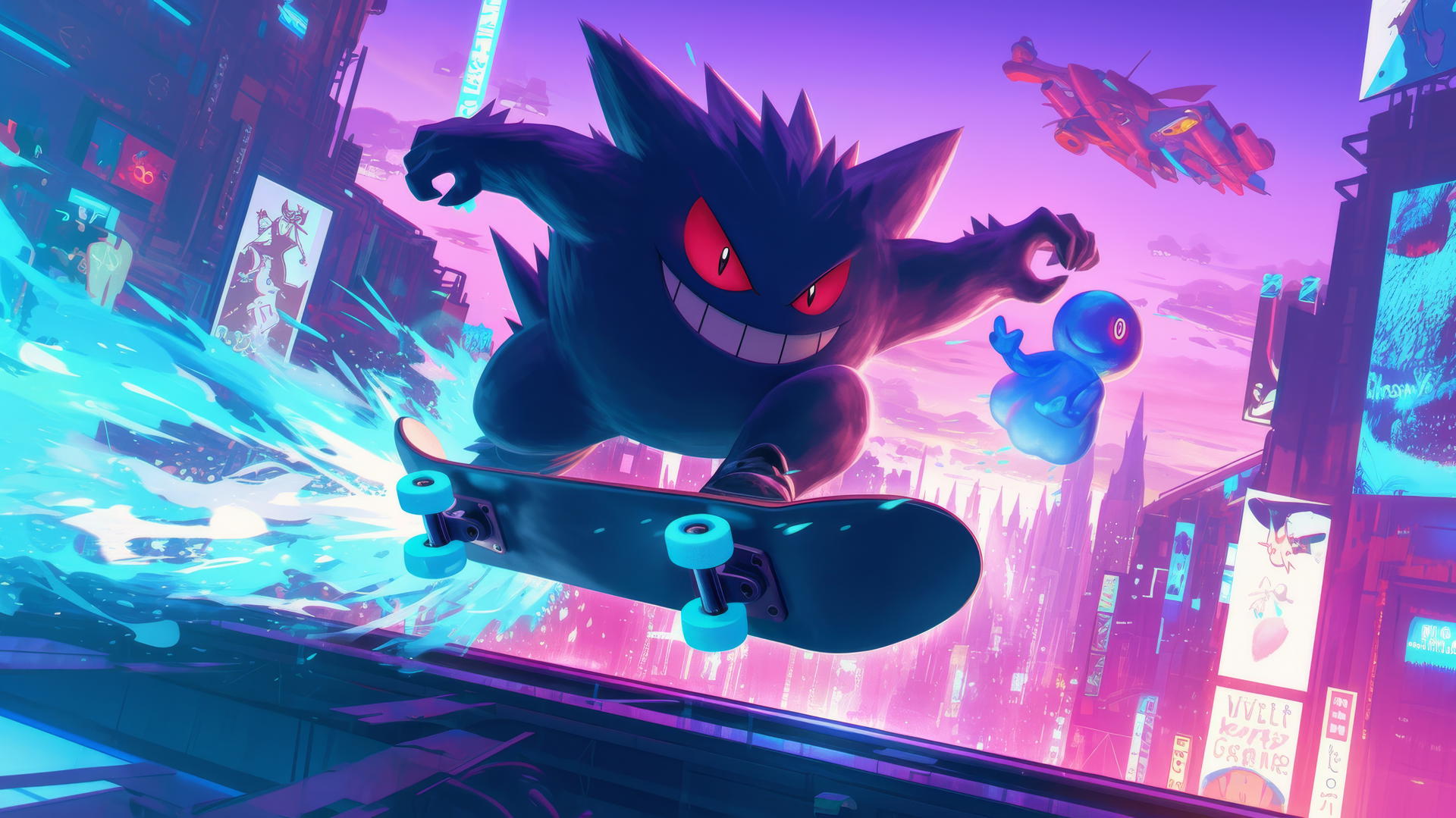 Gengar Pokemon on a futuristic flying skateboard in a sci-fi city