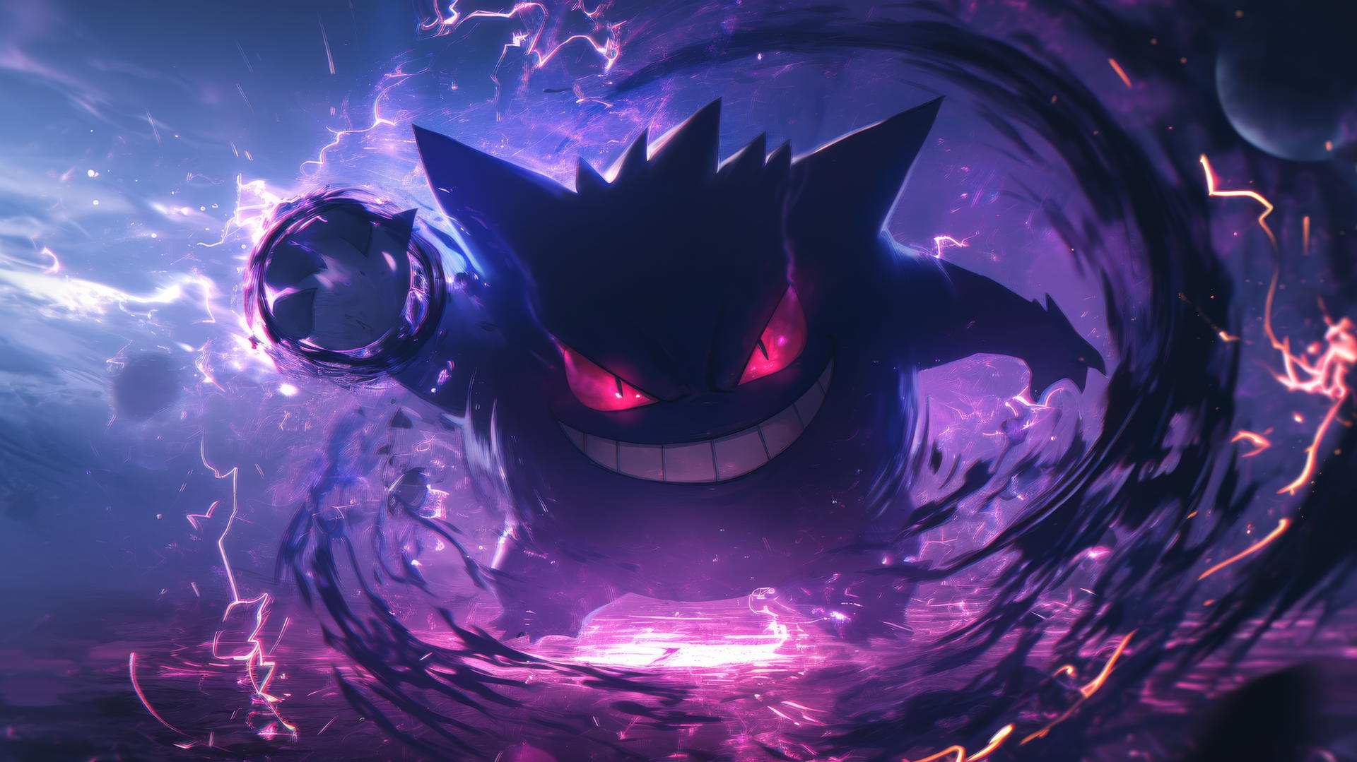 Gengar Pokemon emerging from a swirling portal of dark energy