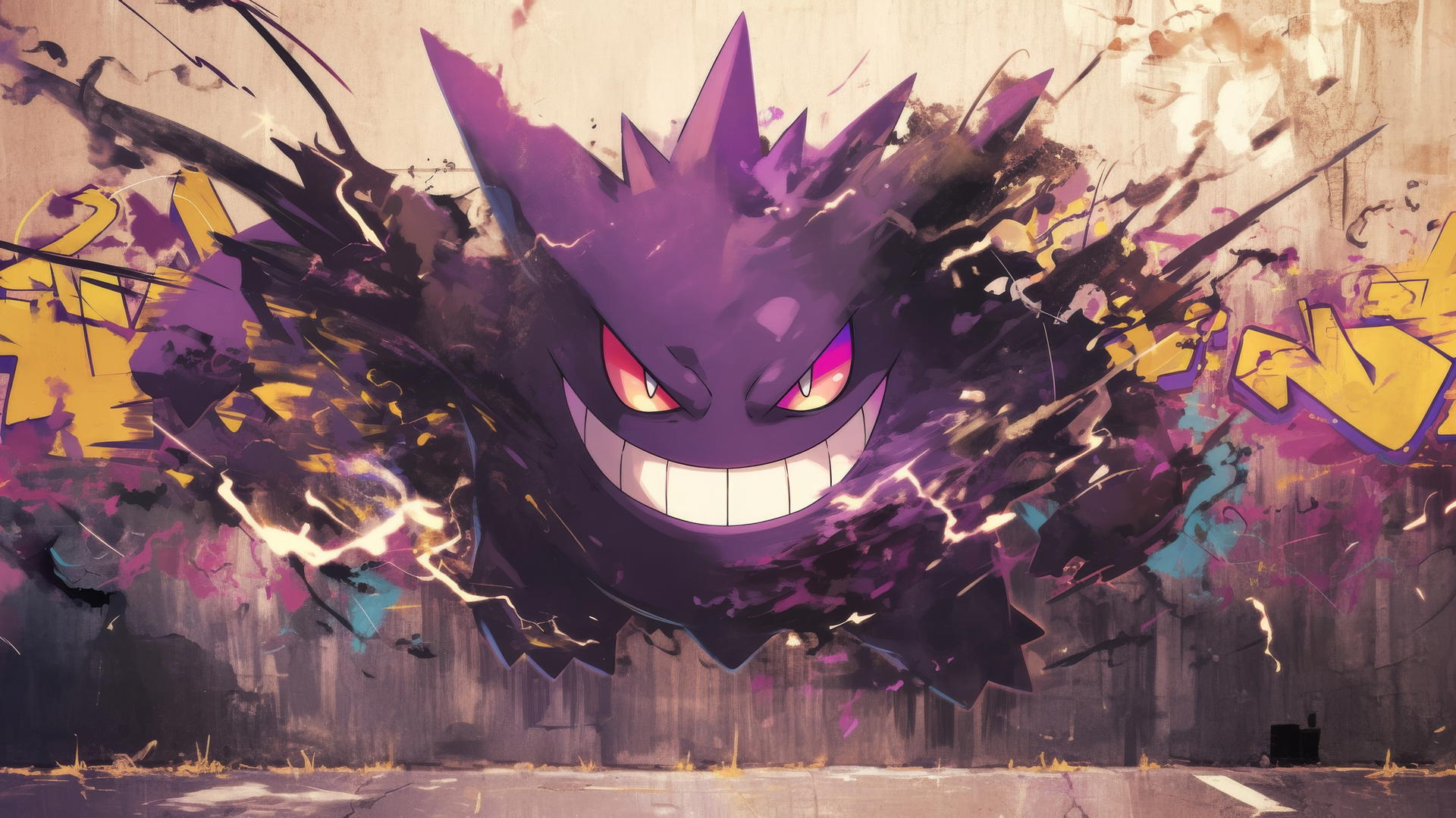 Gengar Pokemon graffiti art on a concrete wall with vibrant colors