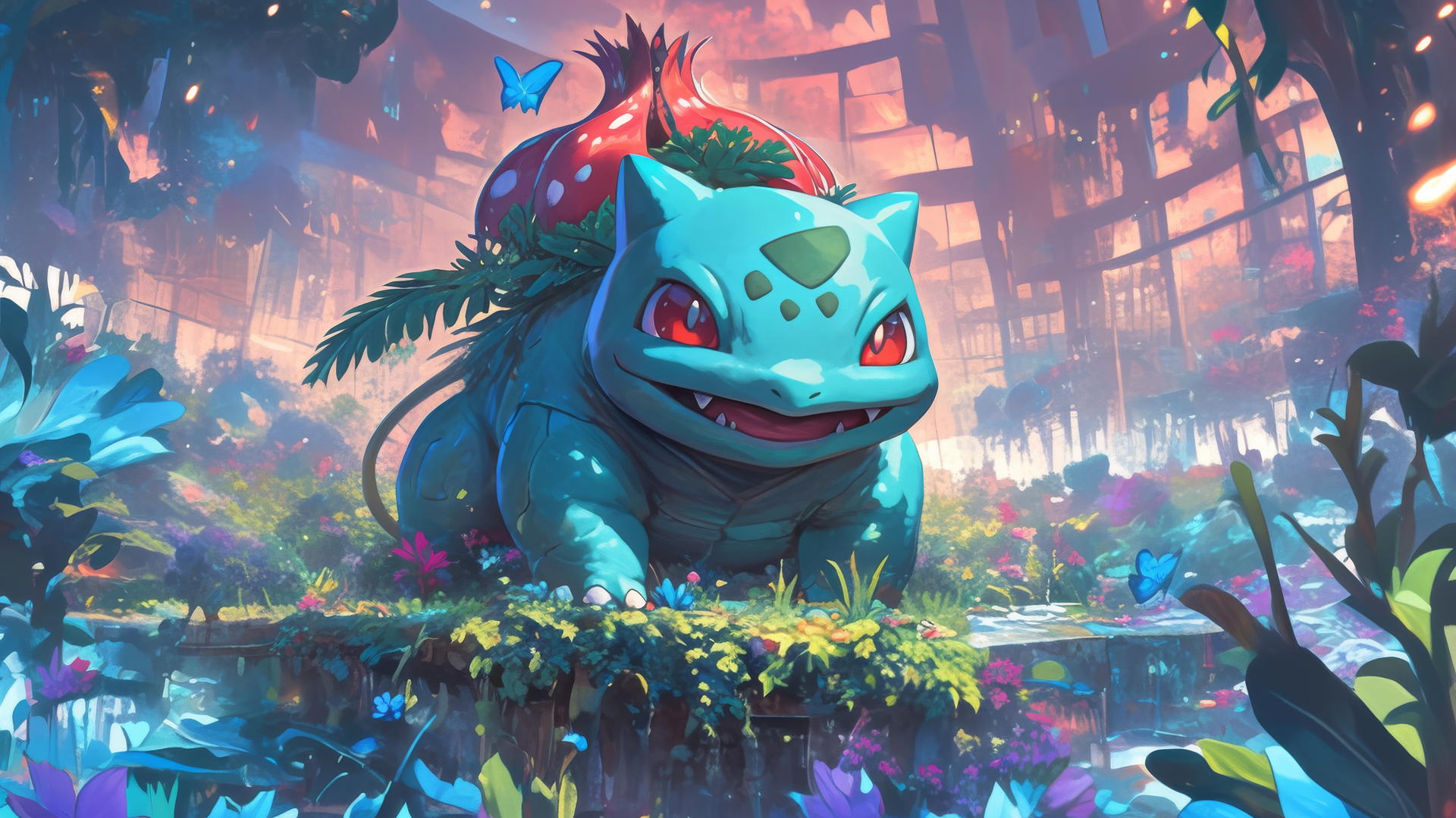 pokemon bulbasaur in a cybernetic garden with mechanical and organic plants