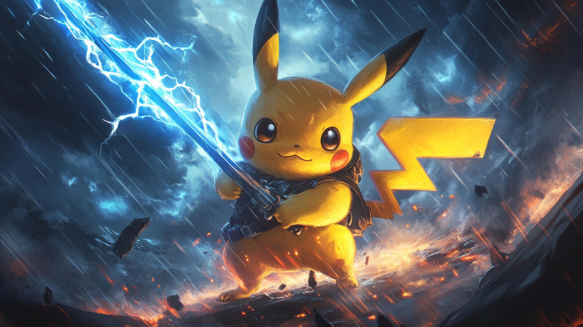Pikachu as a brave warrior holding a lightning sword in a stormy sky