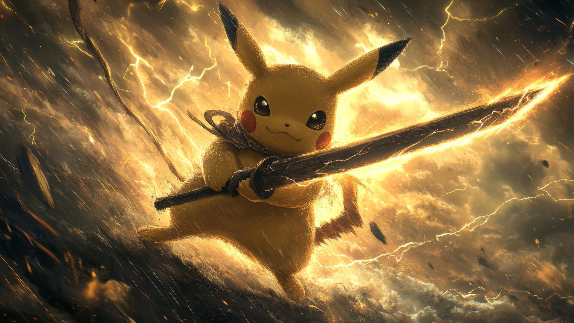 Pikachu as a brave warrior with a lightning sword in a stormy sky