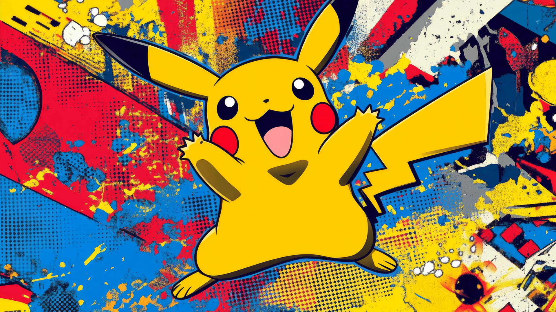 Pop-art style Pikachu with bold colors and comic-style text bubbles