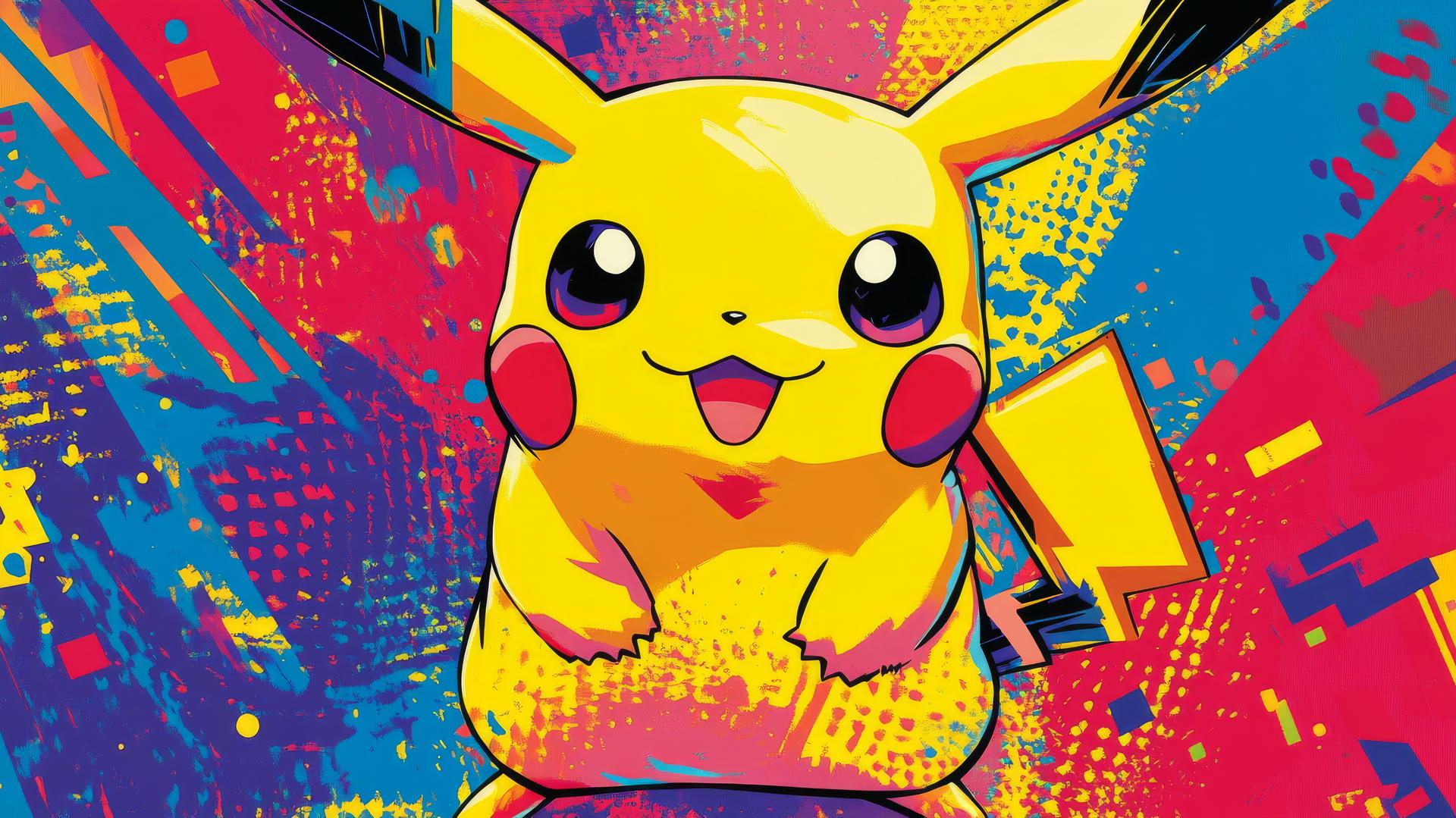 Pikachu in pop-art style with bold colors, halftone patterns