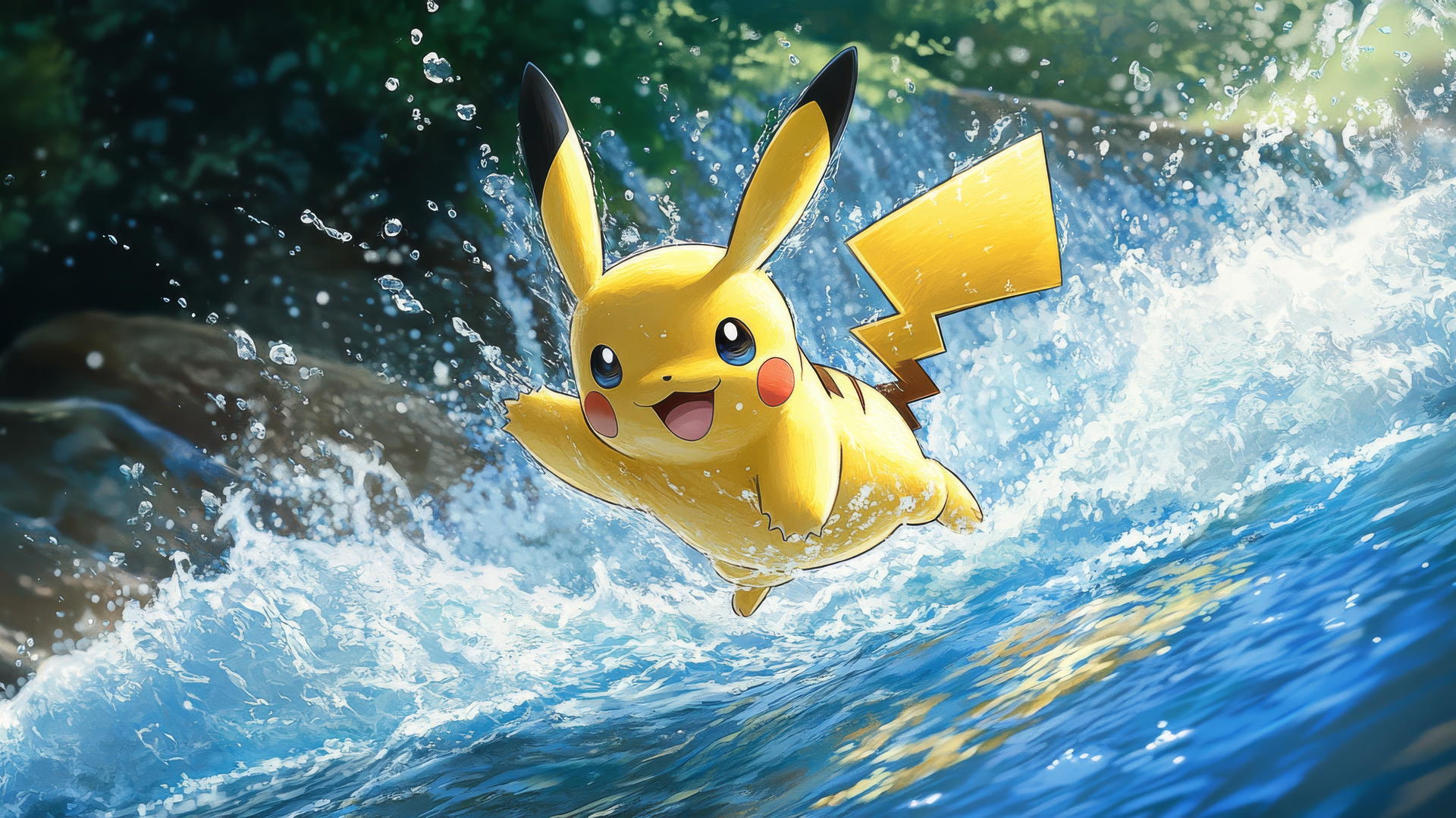 Pikachu leaping over a rushing river with water splashing