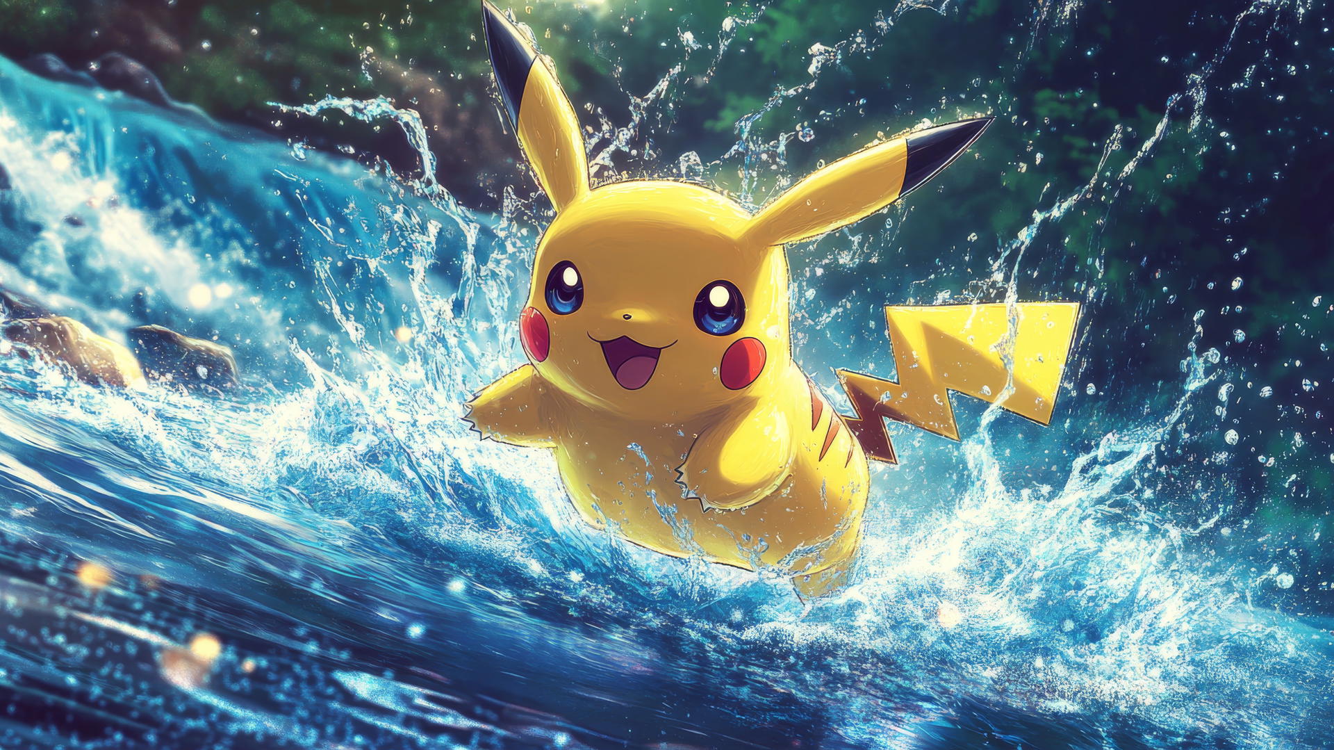 Pikachu leaping over a rushing river in action-packed anime style