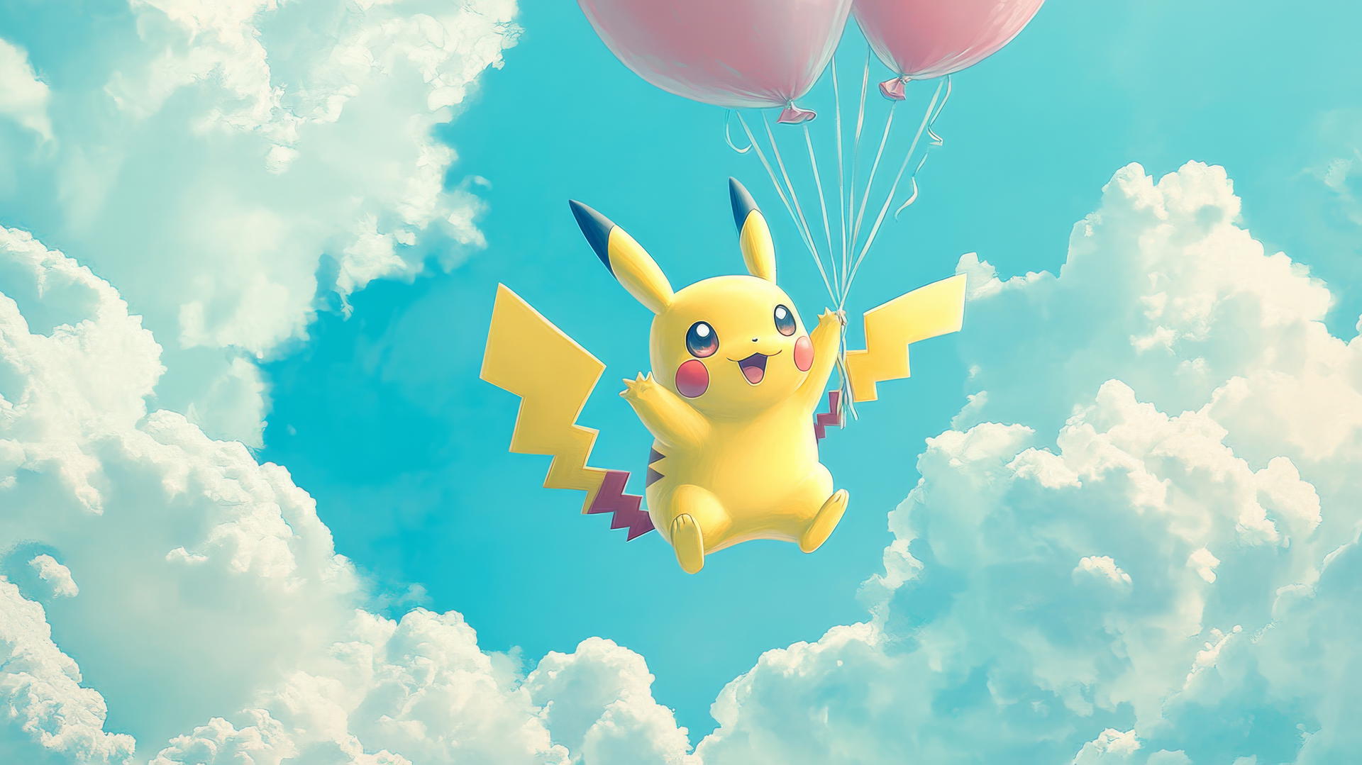 Pikachu flying with large balloon wings among puffy clouds