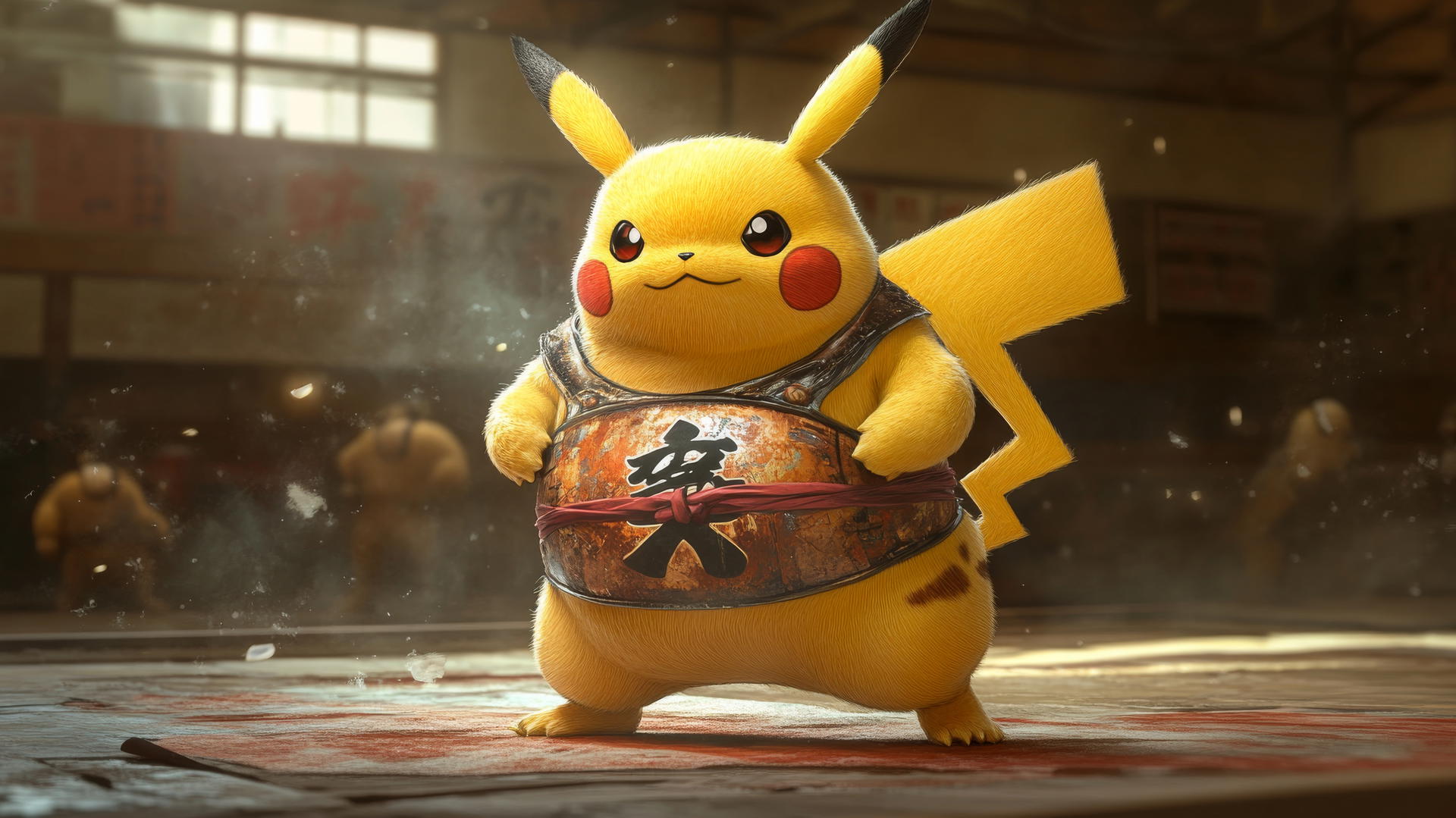 Fat Pikachu in sumo wrestler outfit in sumo ring