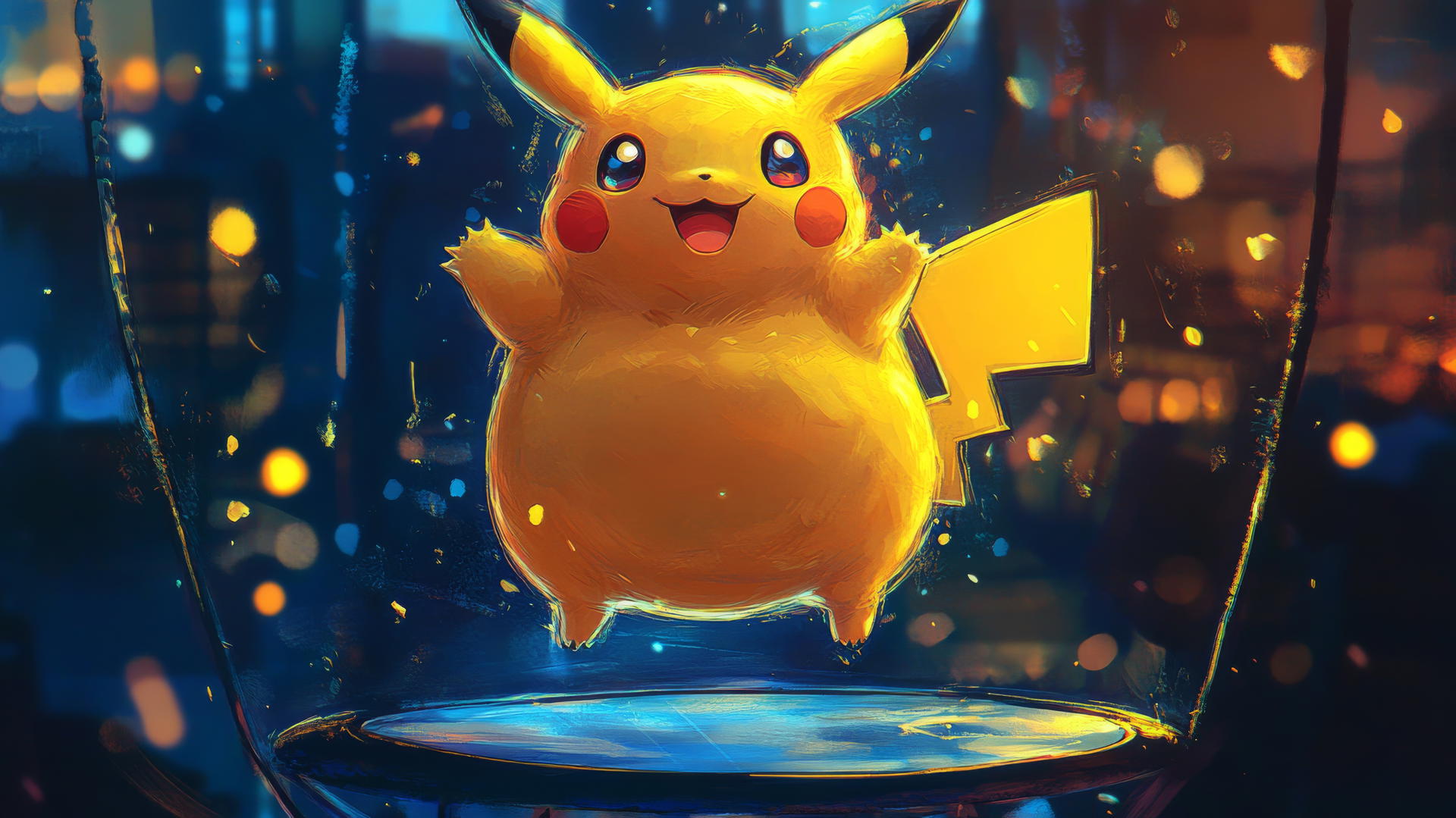 Fat Pikachu bouncing on a trampoline with exaggerated belly, playful and colorful