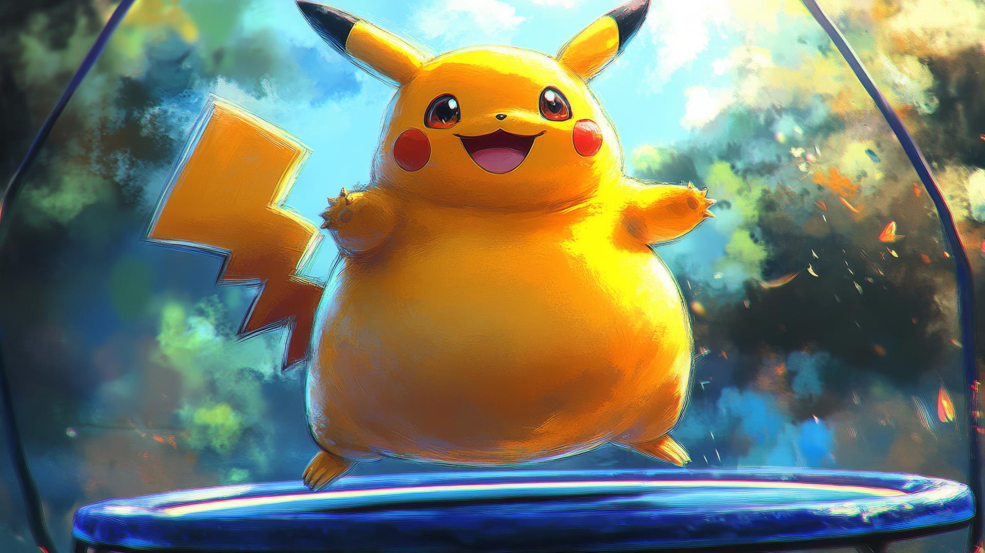 Fat Pikachu bouncing on a trampoline with a huge belly in bright, fun colors